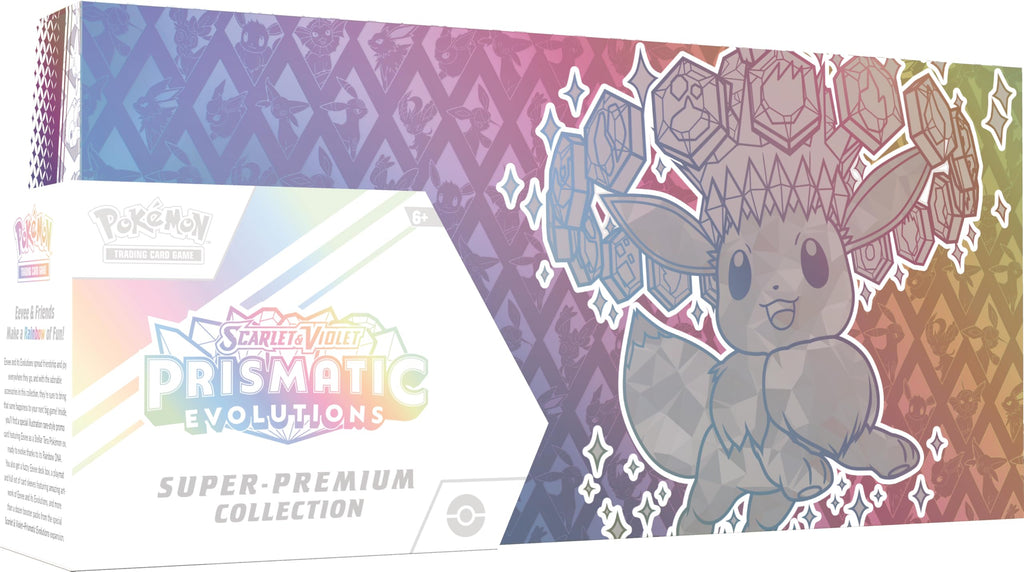 Pokémon-Sammelkartenspiel: Karmesin & Purpur – Prismatische Evolutionen Top-Trainer-Box (1 Full-Art-Holografische Promokarte, eine flauschige Evoli-Deckbox und 15 Boosterpacks)