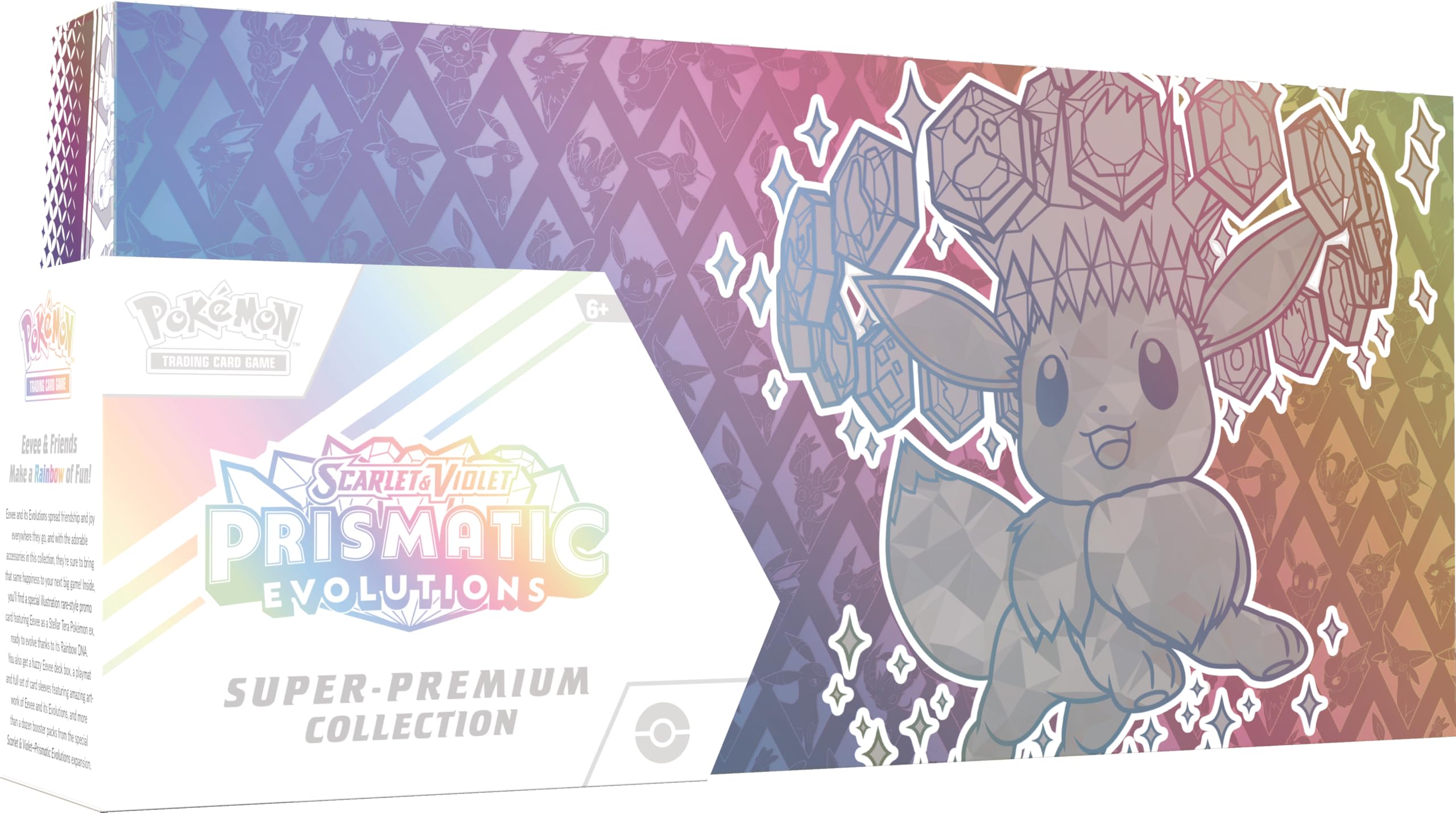 Pokémon-Sammelkartenspiel: Karmesin & Purpur – Prismatische Evolutionen Top-Trainer-Box (1 Full-Art-Holografische Promokarte, eine flauschige Evoli-Deckbox und 15 Boosterpacks)