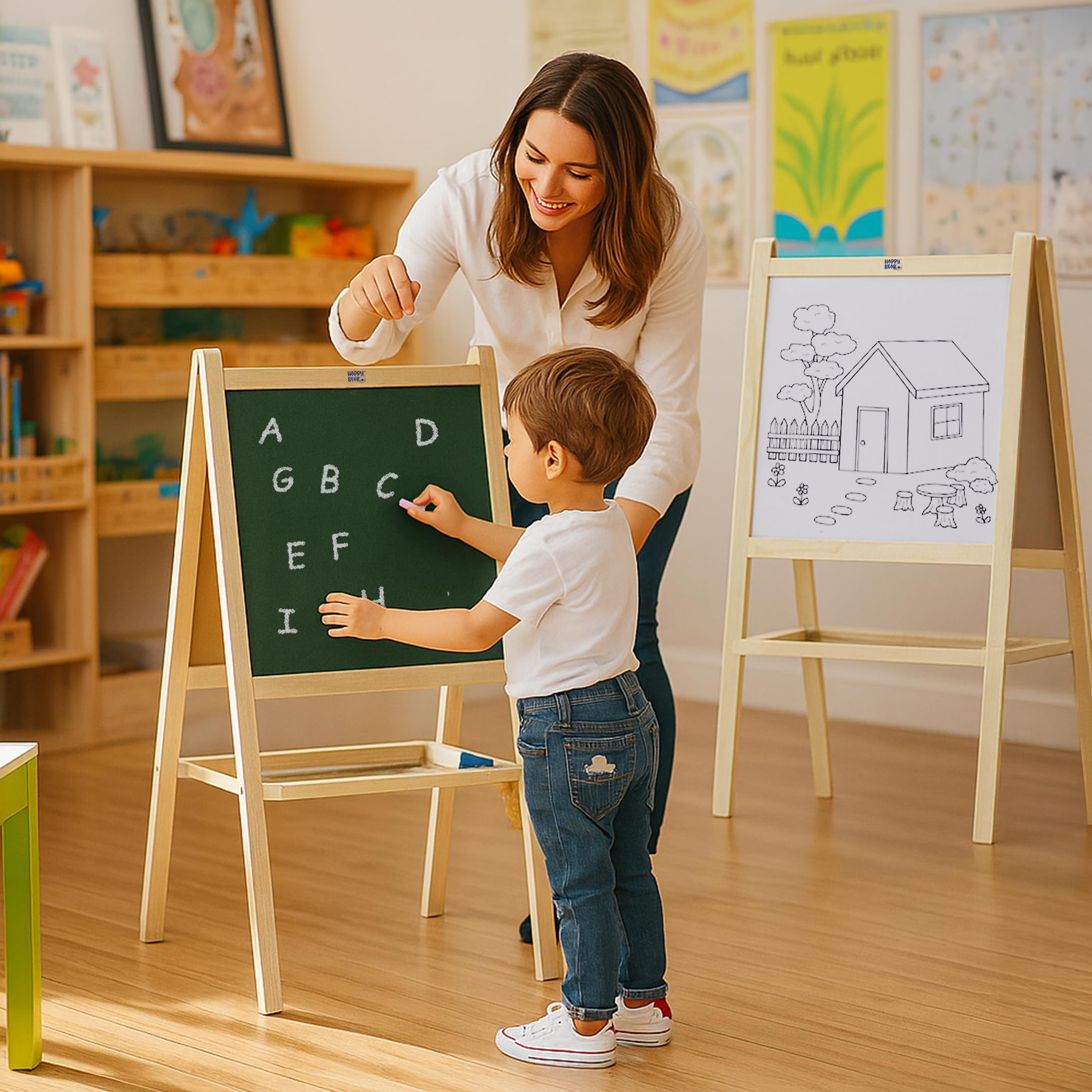 Happy Bear 2 In 1 Wooden White Dry Erase Easel Board And Chalkboard With Marker, Duster & Chalk | Standing Easel Board For Kids