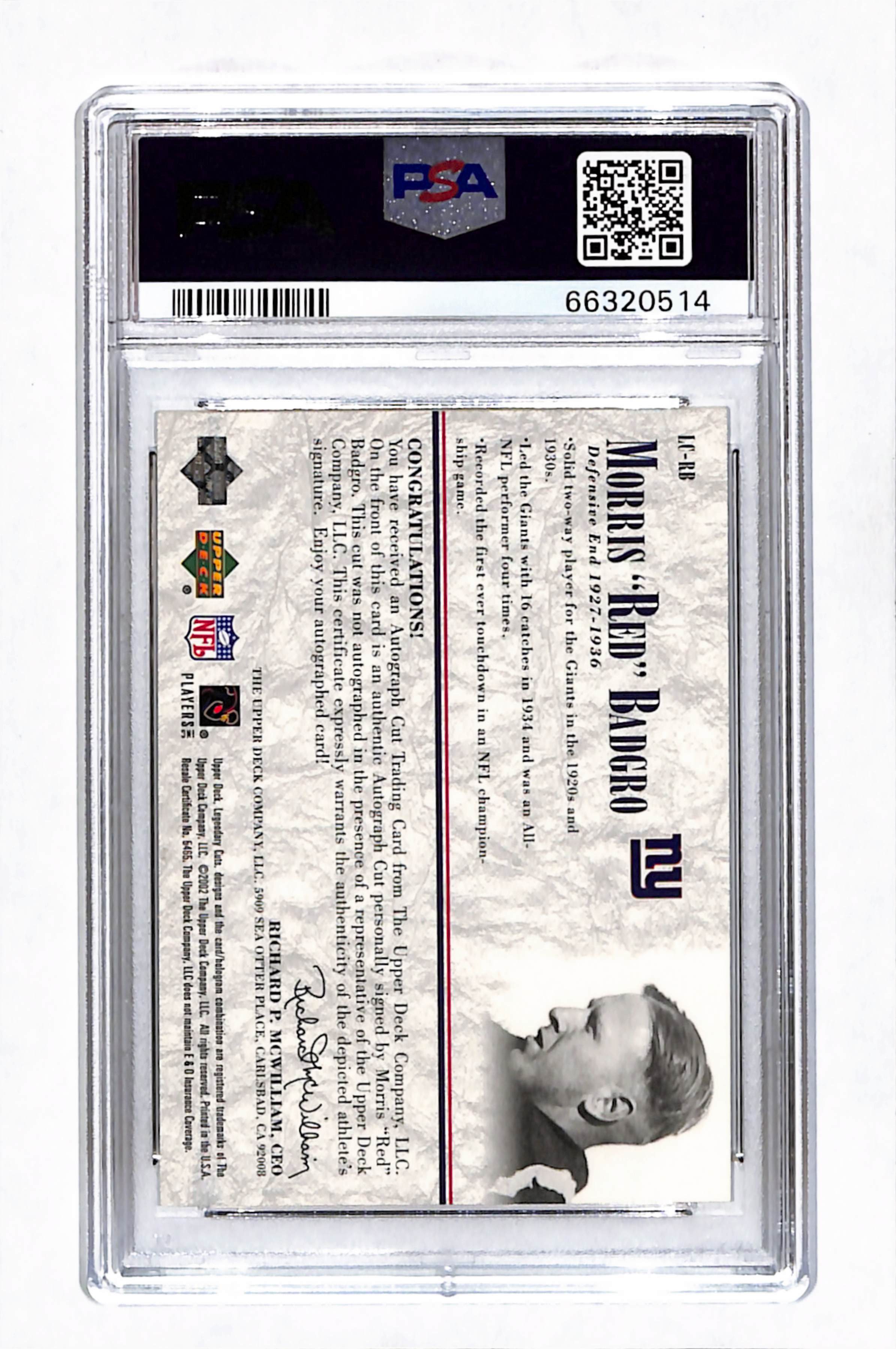 2002 SP Legendary Cuts Cut Signature Morris "red" Badgro #LC-RB PSA 8