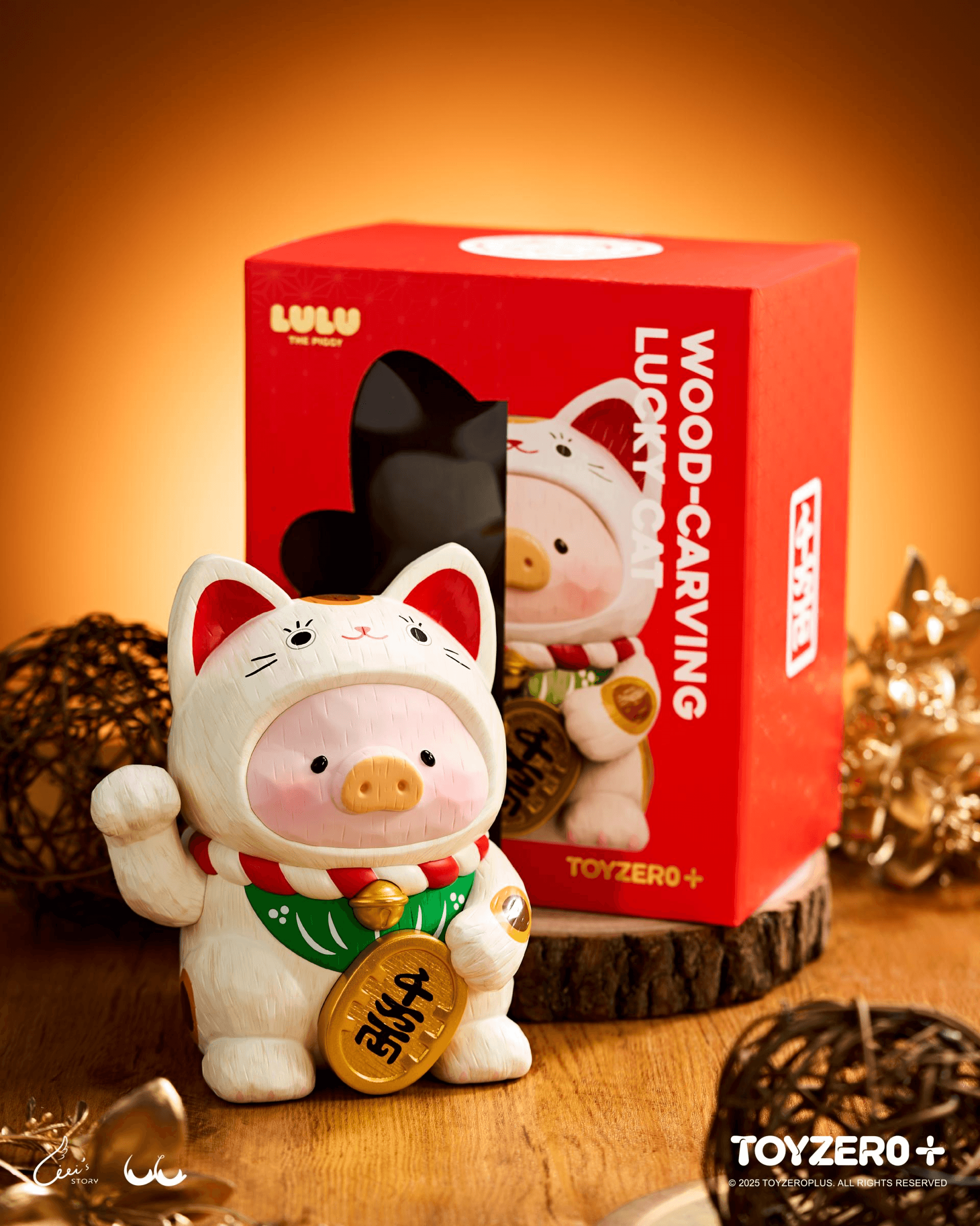 LuLu the Piggy - 18cm Wood-Carving Maneki Lu (Calico Cat)