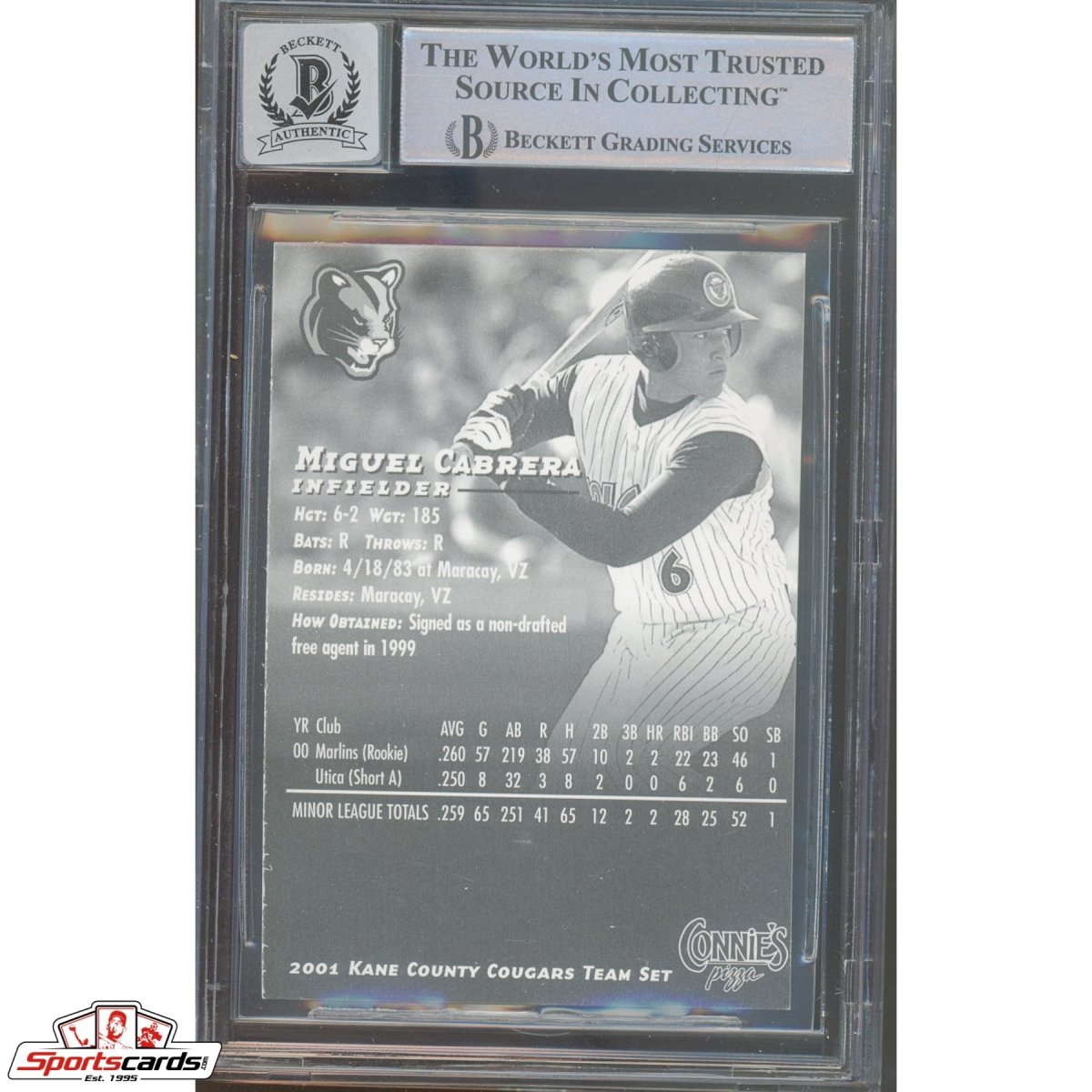 2001 Connie's Pizza #4 Miguel Cabrera RC Signed Auto Beckett BAS 9