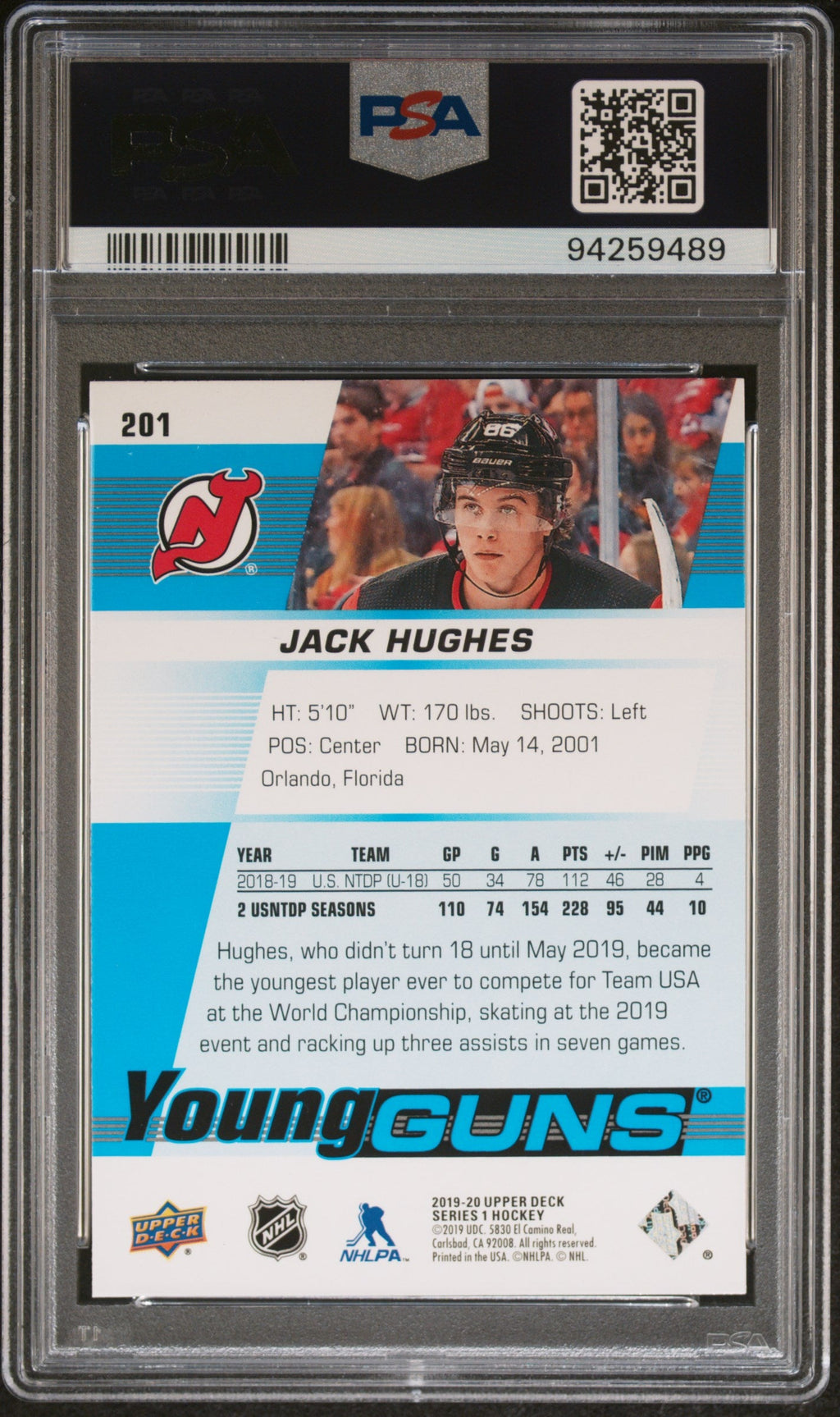 2019 Upper Deck Young Guns Jack Hughes #201 PSA 10