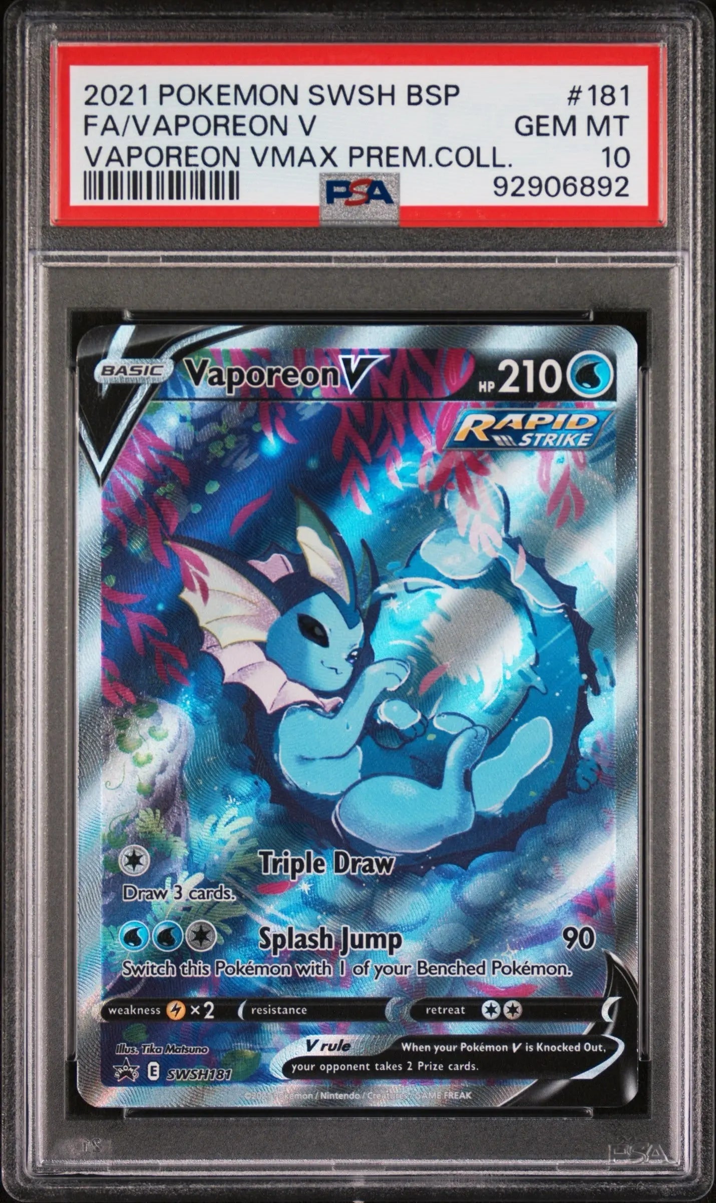 PSA 10 - 2021 POKEMON SWSH BLACK STAR PROMO #181 FA/VAPOREON V VAPOREON VMAX PREM.COLL.