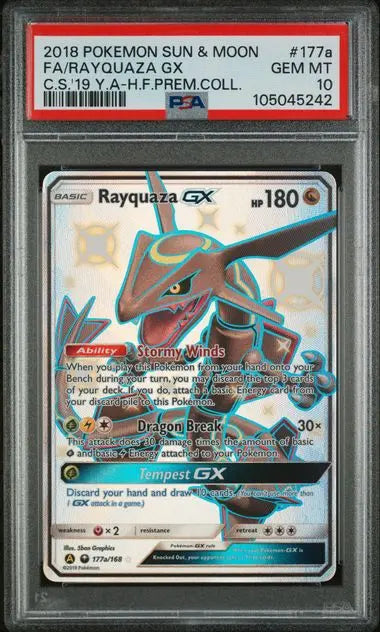 PSA 10 - 2018 POKEMON SUN & MOON CELESTIAL STORM #177a FA/RAYQUAZA GX C.S.'19 Y.A-H.F.PREM.COLL.