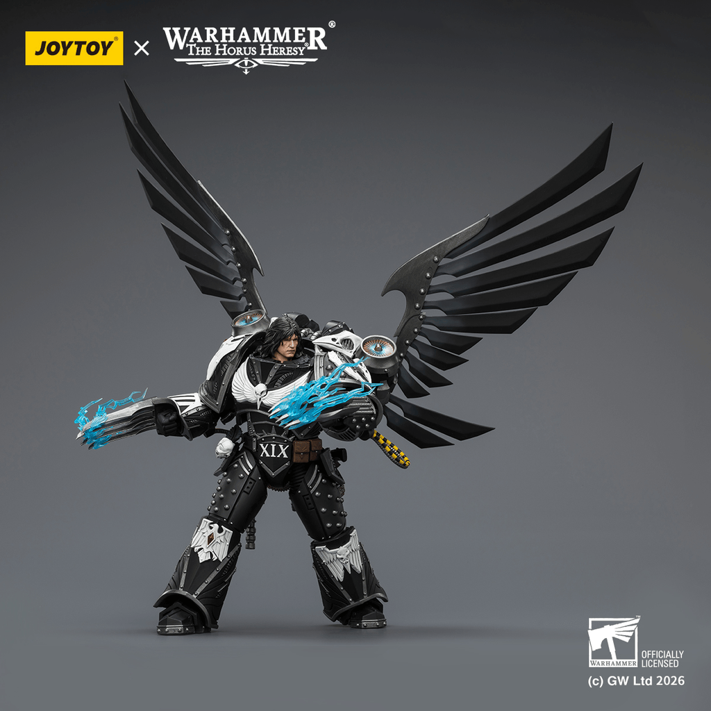 Raven Guard Corvus Corax, Primarch of the XIX Legion with artificer-crafted lightning talons, archaeotech pistols, and whip