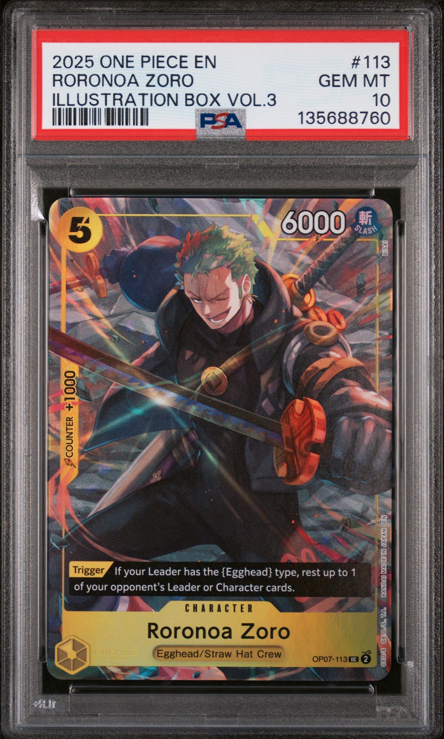 2025 ONE PIECE PROMOS #113 RORONOA ZORO ILLUSTRATION BOX VOL.3 PSA 10