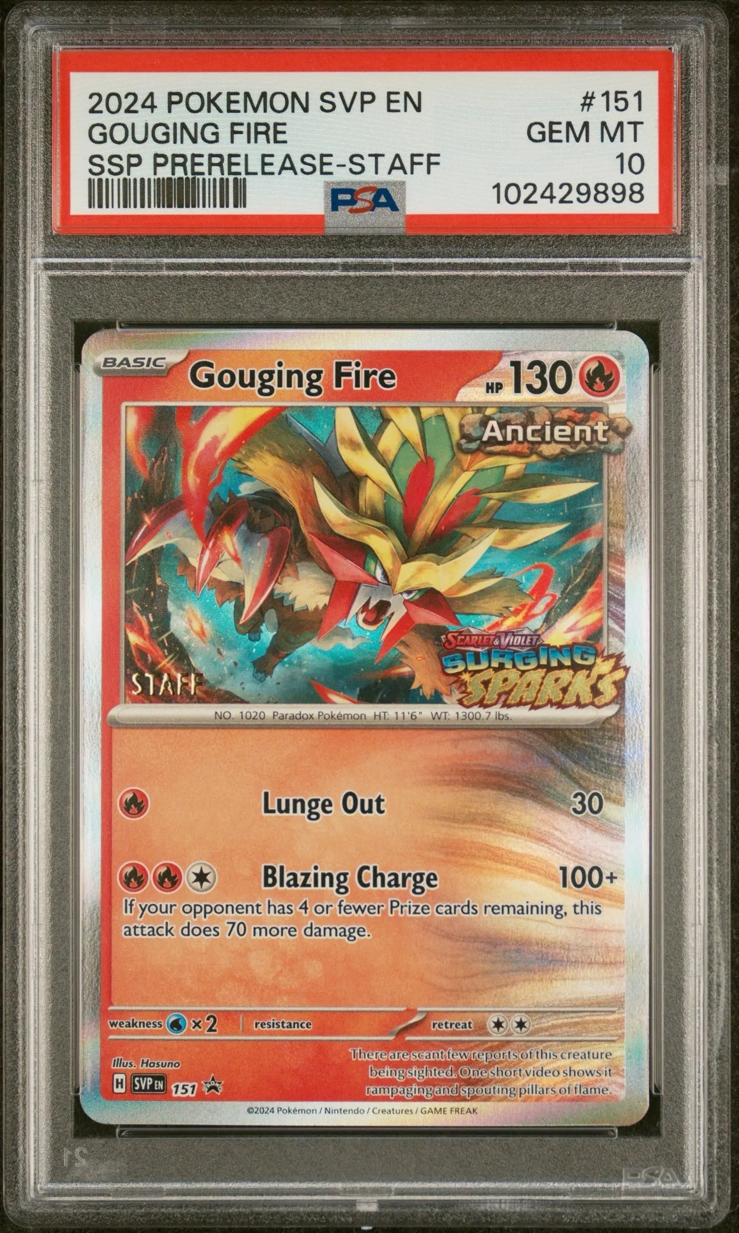 Psa 10 2024 POKEMON SVP EN-SV BLACK STAR PROMO #151 GOUGING FIRE SSP PRERELEASE-STAFF