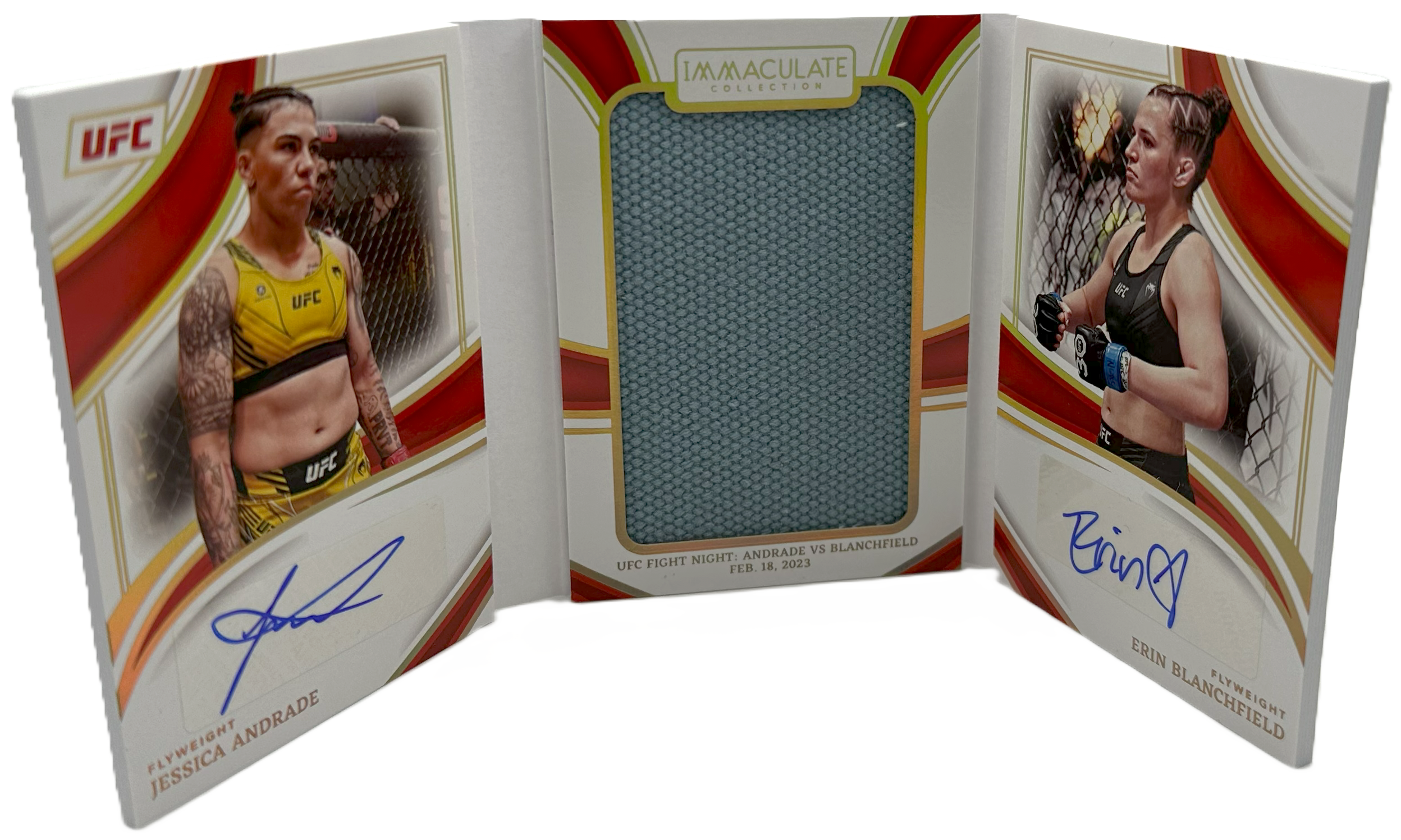 2023 Panini Immaculate UFC - Erin Blanchfield & Jessica Andrade JOC-JE - Jumbo Octagon Dual Booklet Auto /25