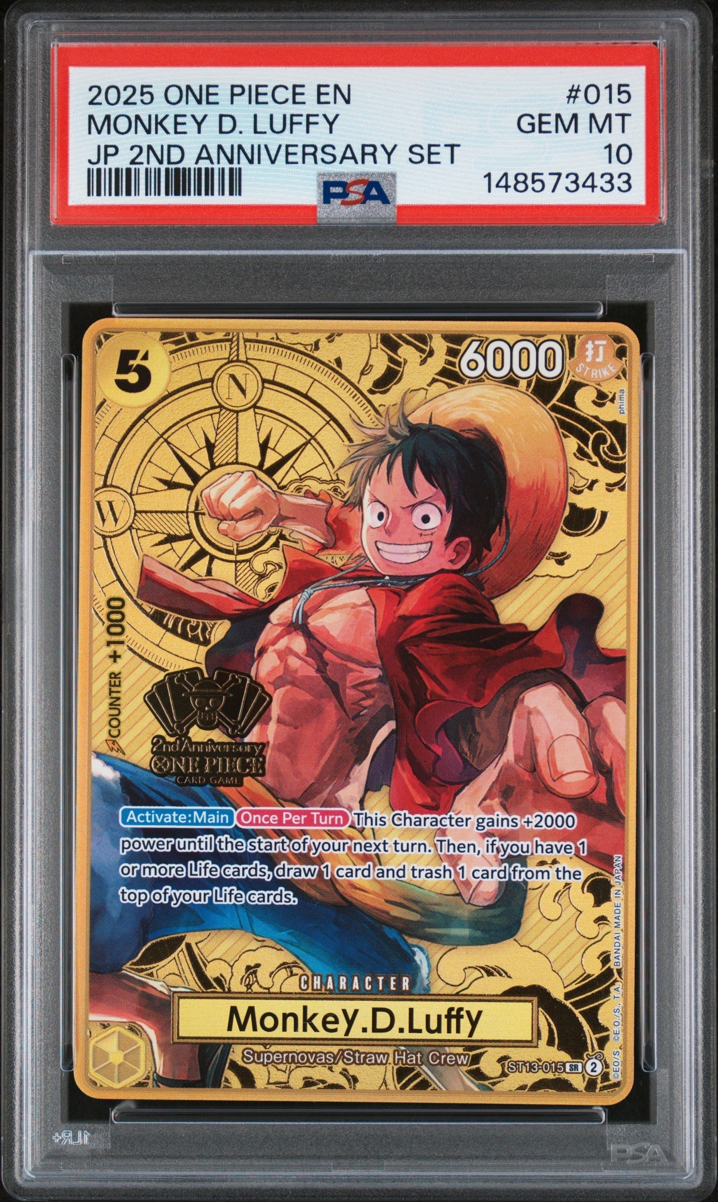PSA GEM MT 10 Monkey D. Luffy [Japanisches 2. Jubiläums-Set] - 148573433