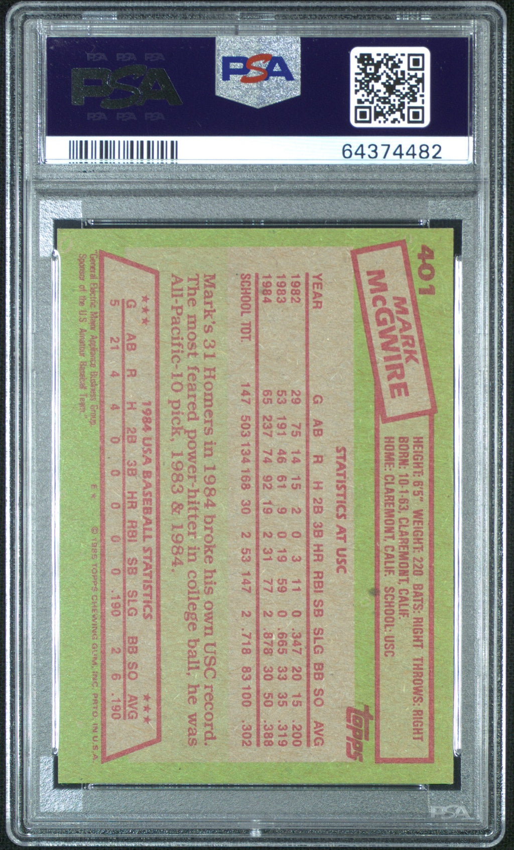 1985 Topps '84 USA Baseball Team Mark Mcgwire #401 PSA 9