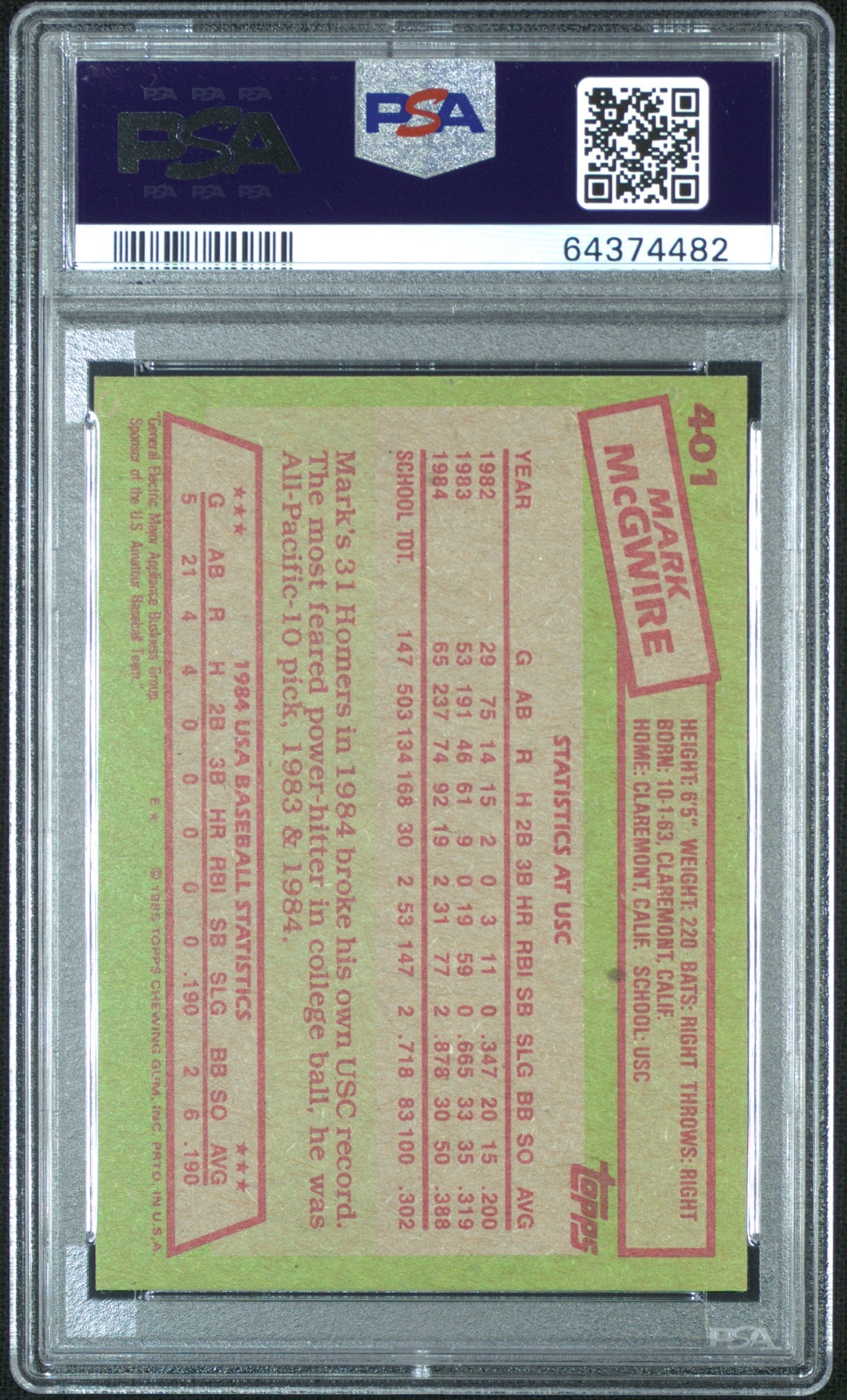 1985 Topps '84 USA Baseball Team Mark Mcgwire #401 PSA 9