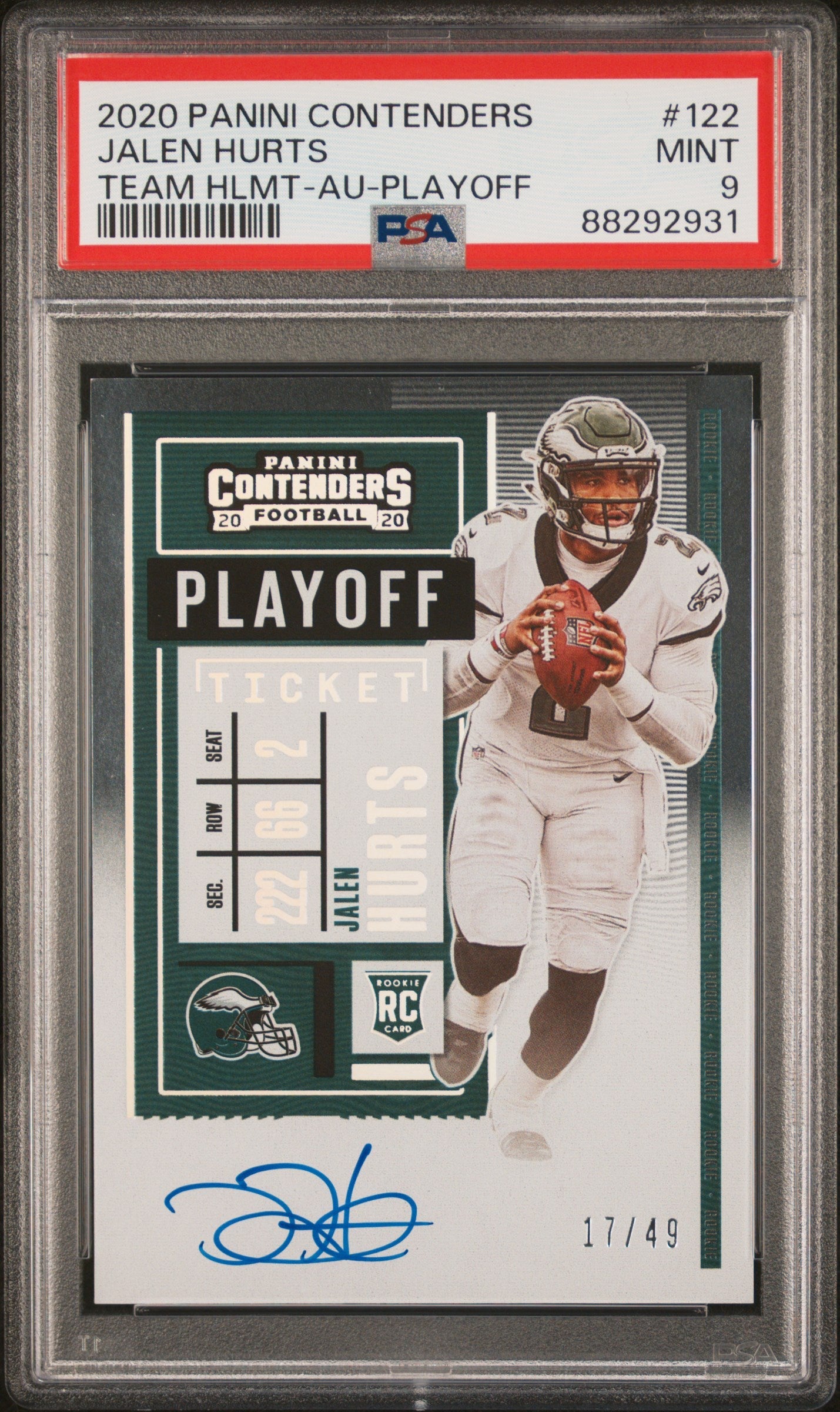 2020 Panini Contenders Team Helmet Variation Playoff Ticket Autograph Jalen Hurts #122B /49 PSA 9