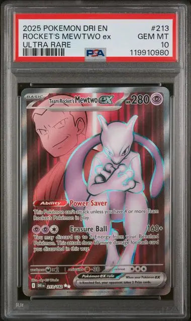 PSA 10 -2025 POKEMON DRI EN-DESTINED RIVALS #213 ROCKET'S MEWTWO ex ULTRA RARE