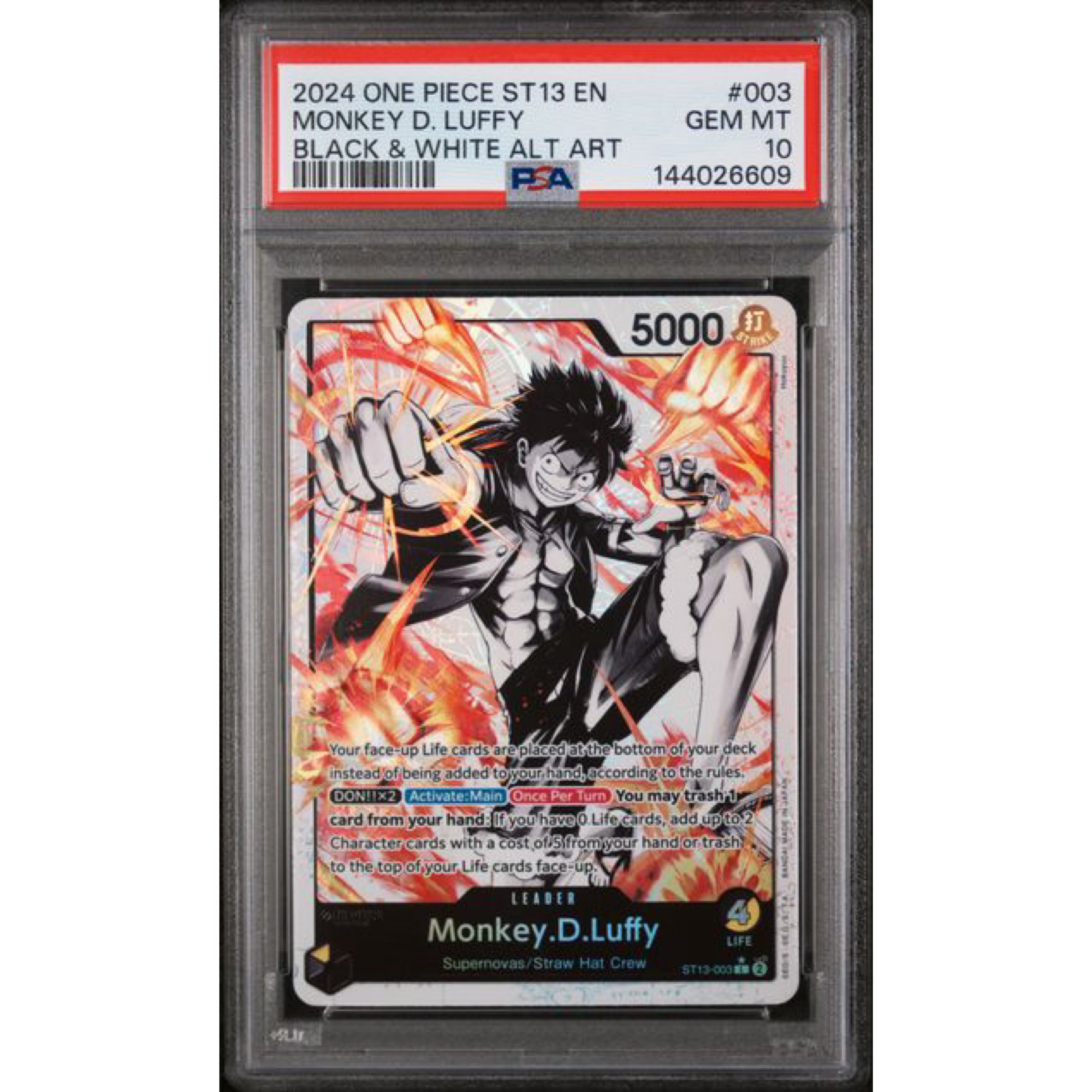 PSA 10 2024 ONE PIECE ULTRA DECK ST13-THE THREE BROTHERS #003 MONKEY D. LUFFY BLACK & WHITE ALT ART