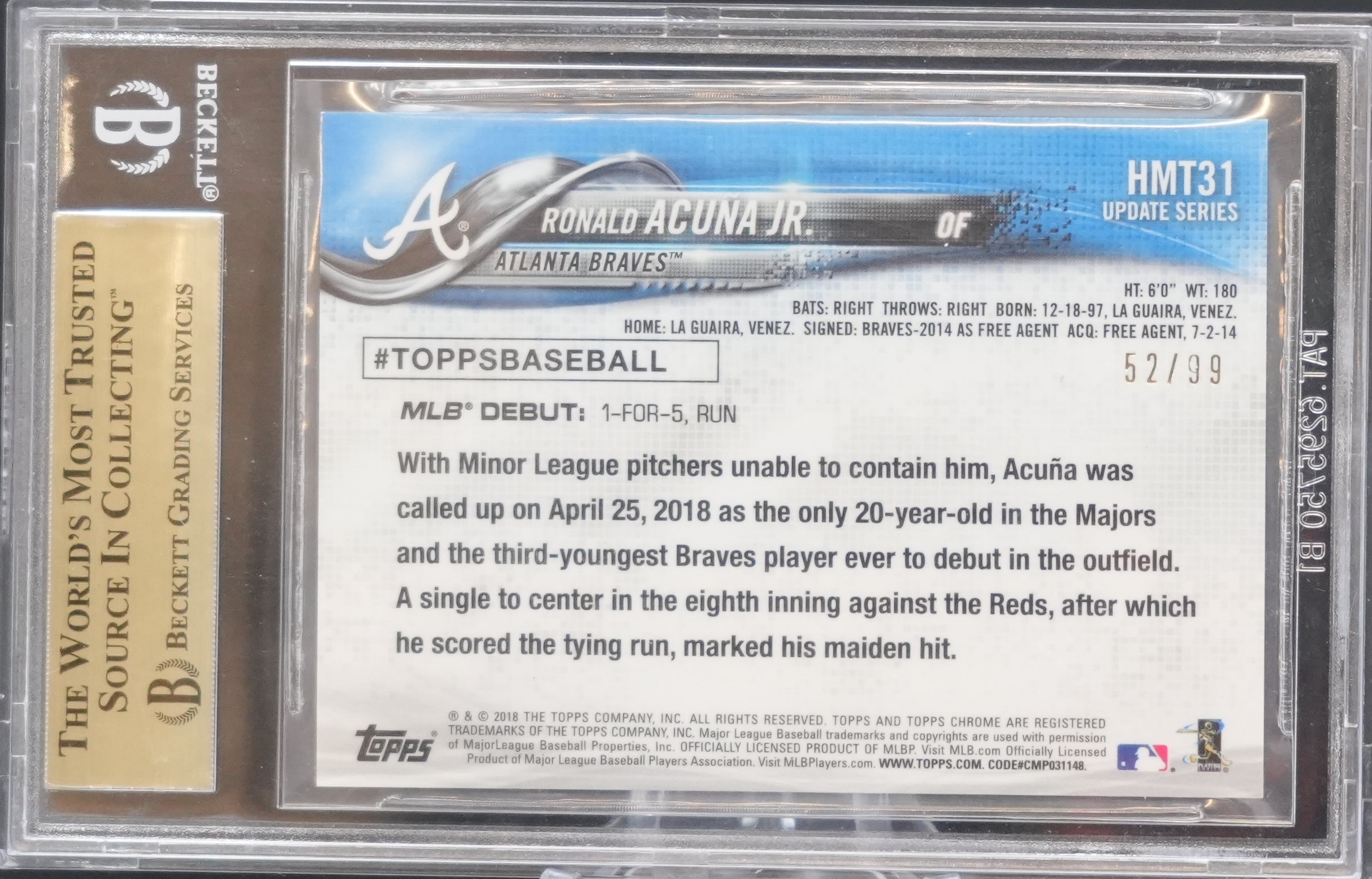 2018 Topps Chrome Update - Ronald Acuna Jr HMT31 - X-Fractors /99 - BGS 9.5