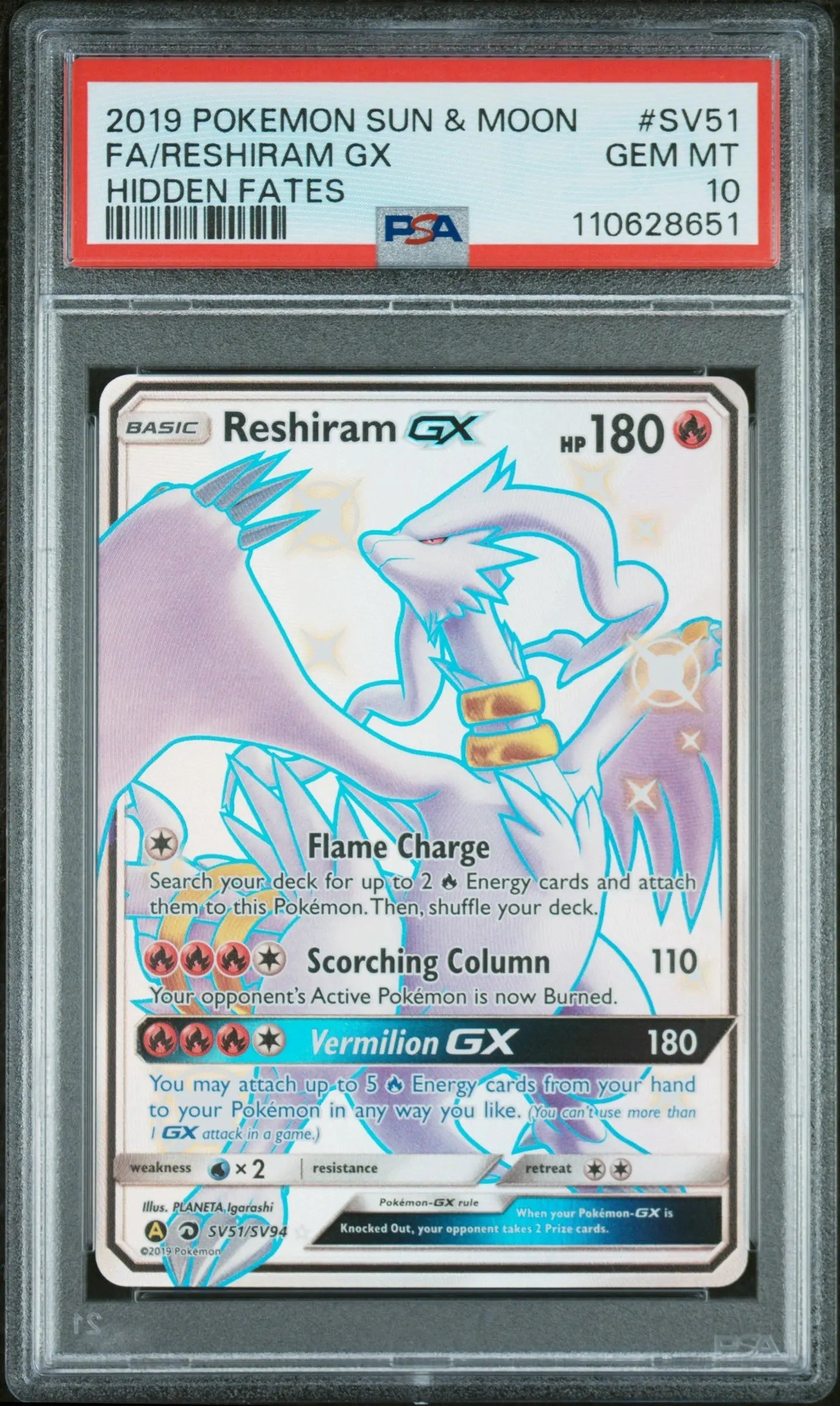 PSA 10 - 2019 POKEMON SUN & MOON HIDDEN FATES #SV51 FA/RESHIRAM GX HIDDEN FATES