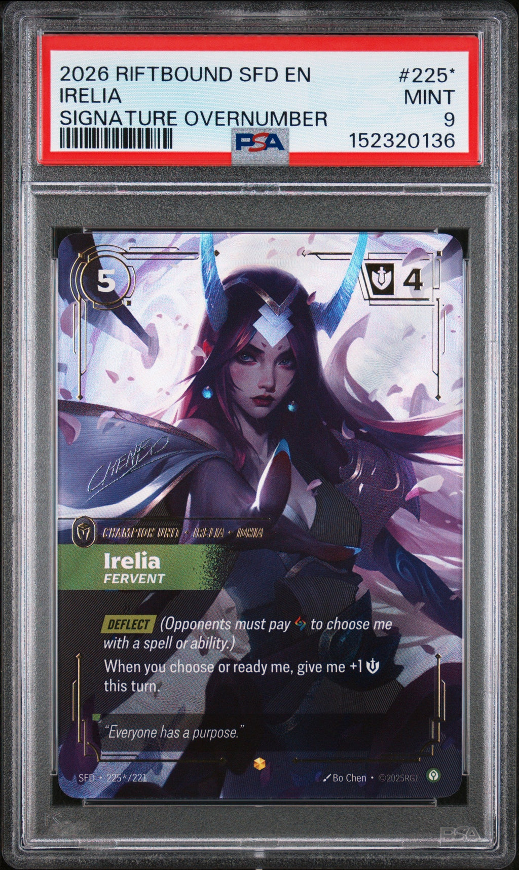 2026 RIFTBOUND: LEAGUE OF LEGENDS SFD-SPIRITFORGED #225* IRELIA SIGNATURE OVERNUMBER PSA 9