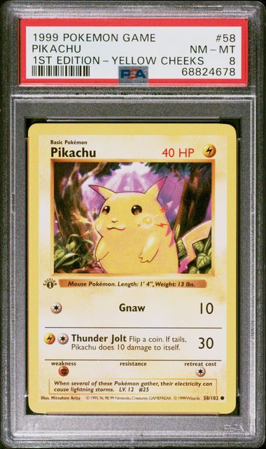 pikachu 58/102 PSA 8 shadowless 1st Ed Yellow Cheeks
