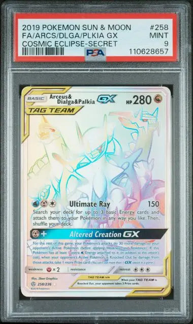 PSA 9 - 2019 POKEMON SUN & MOON COSMIC ECLIPSE #258 FA/ARCS/DLGA/PLKIA GX COSMIC ECLIPSE-SECRET