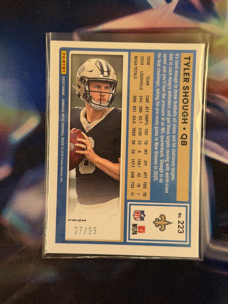 2025 NFL Panini Donruss Optic - Tyler Shough Rated Rookie Pink Velocity Prizm Limited to /99 - Saints - Raw Ungraded Card