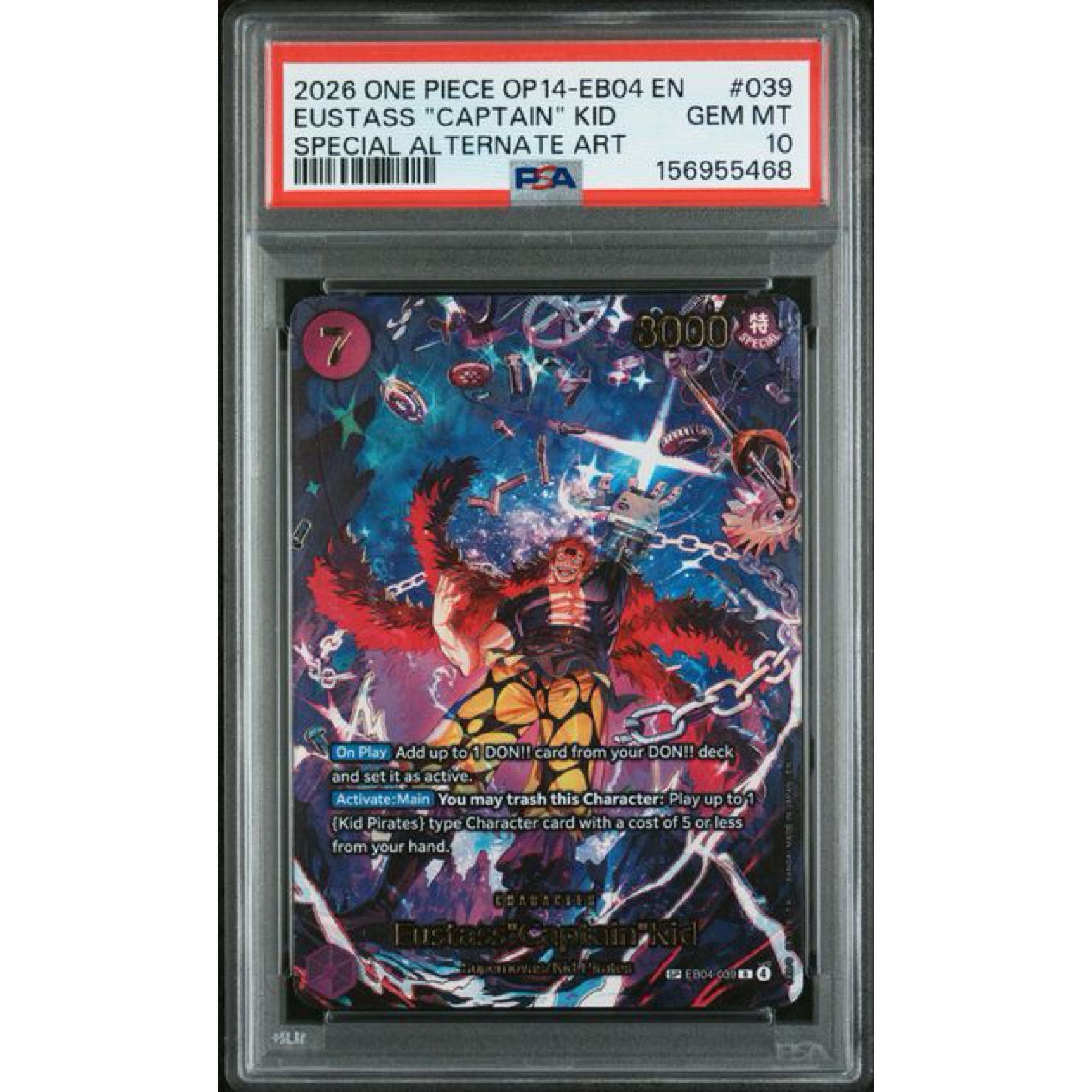 2026 ONE PIECE OP14-EB04-THE AZURE SEA'S SEVEN #039 EUSTASS "CAPTAIN" KID SPECIAL ALTERNATE ART PSA 10
