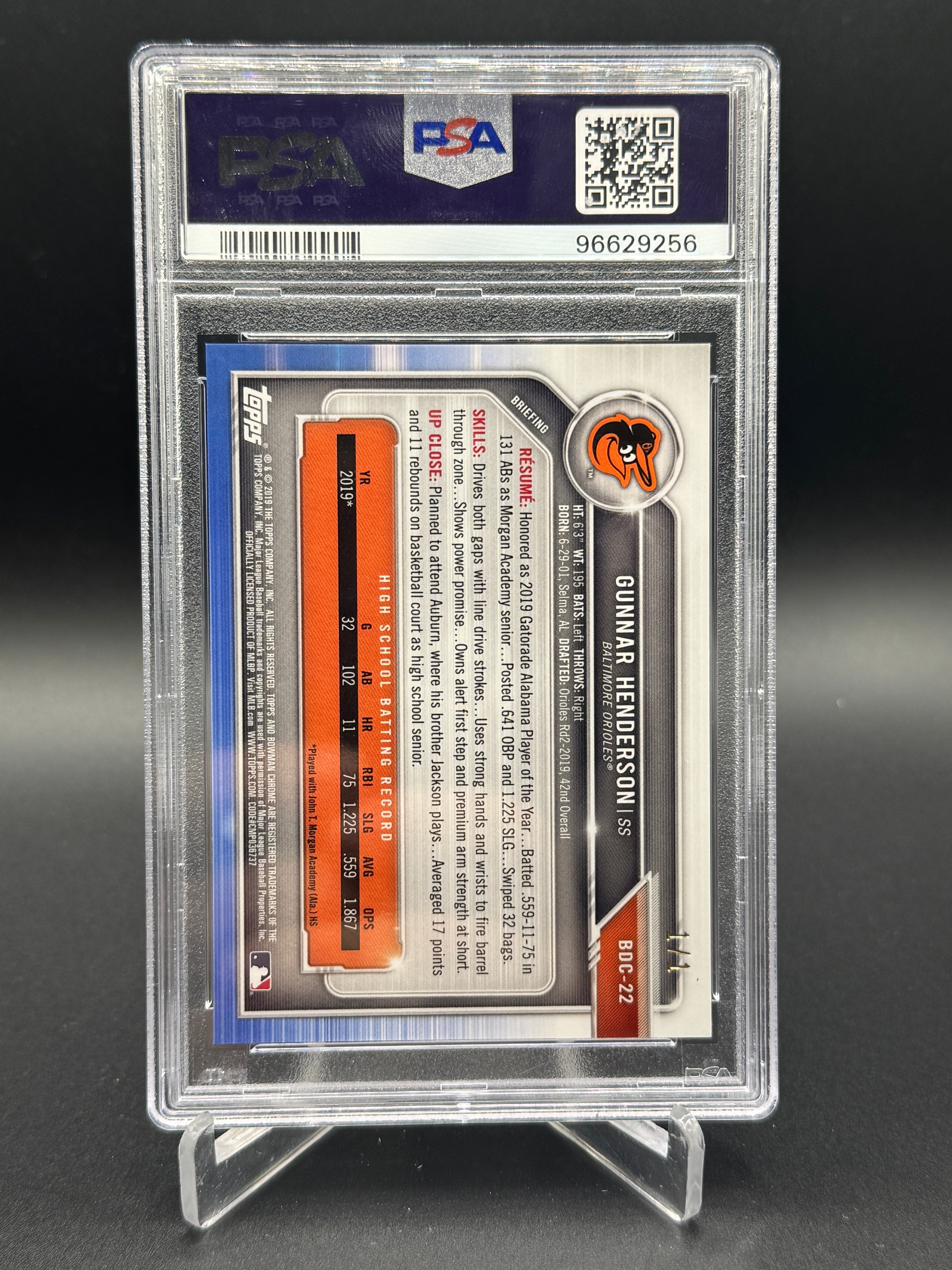 2019 Bowman Draft Sapphire Gunnar Henderson Padparadscha 1/1 PSA 10 PC