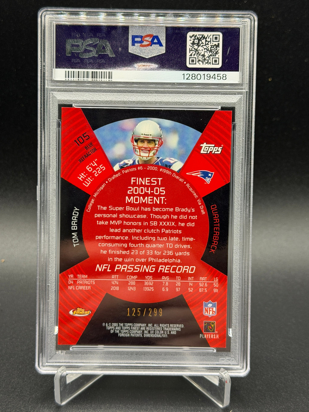 2005 Finest #105 Tom Brady Blue Refractors PSA 9 #/299