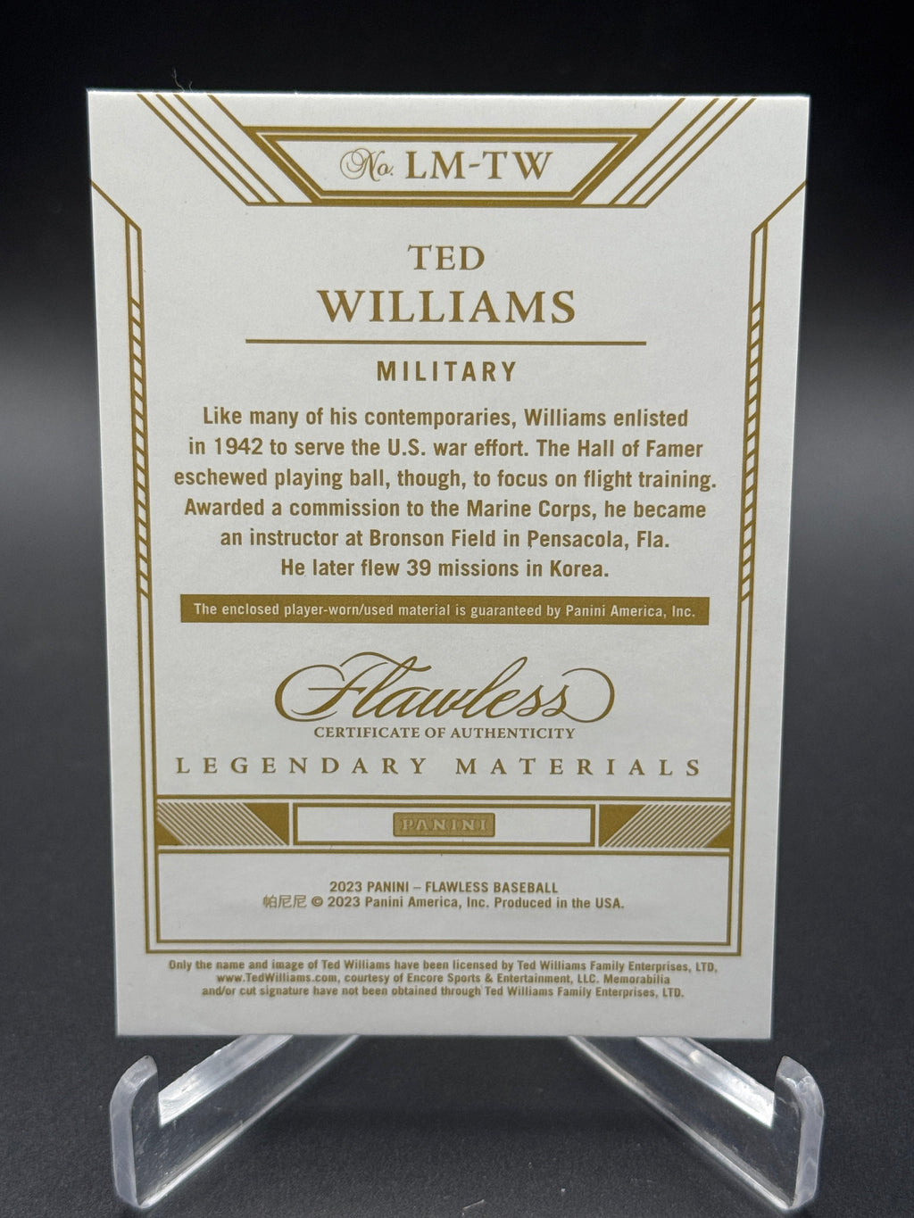 2023 Flawless #LM-TW Ted Williams Legendary Military Materials Sapphire /15