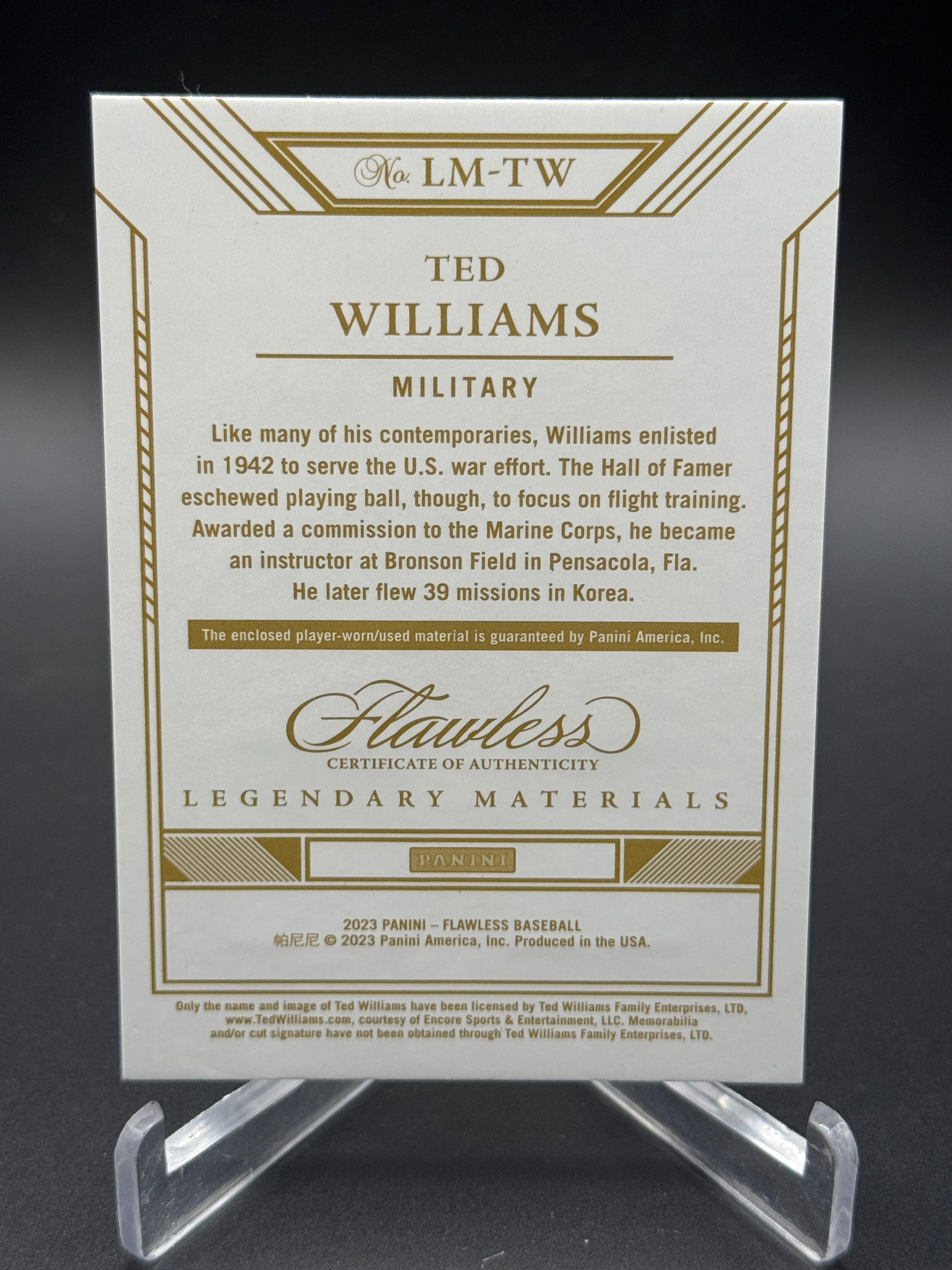 2023 Flawless #LM-TW Ted Williams Legendary Military Materials Sapphire /15