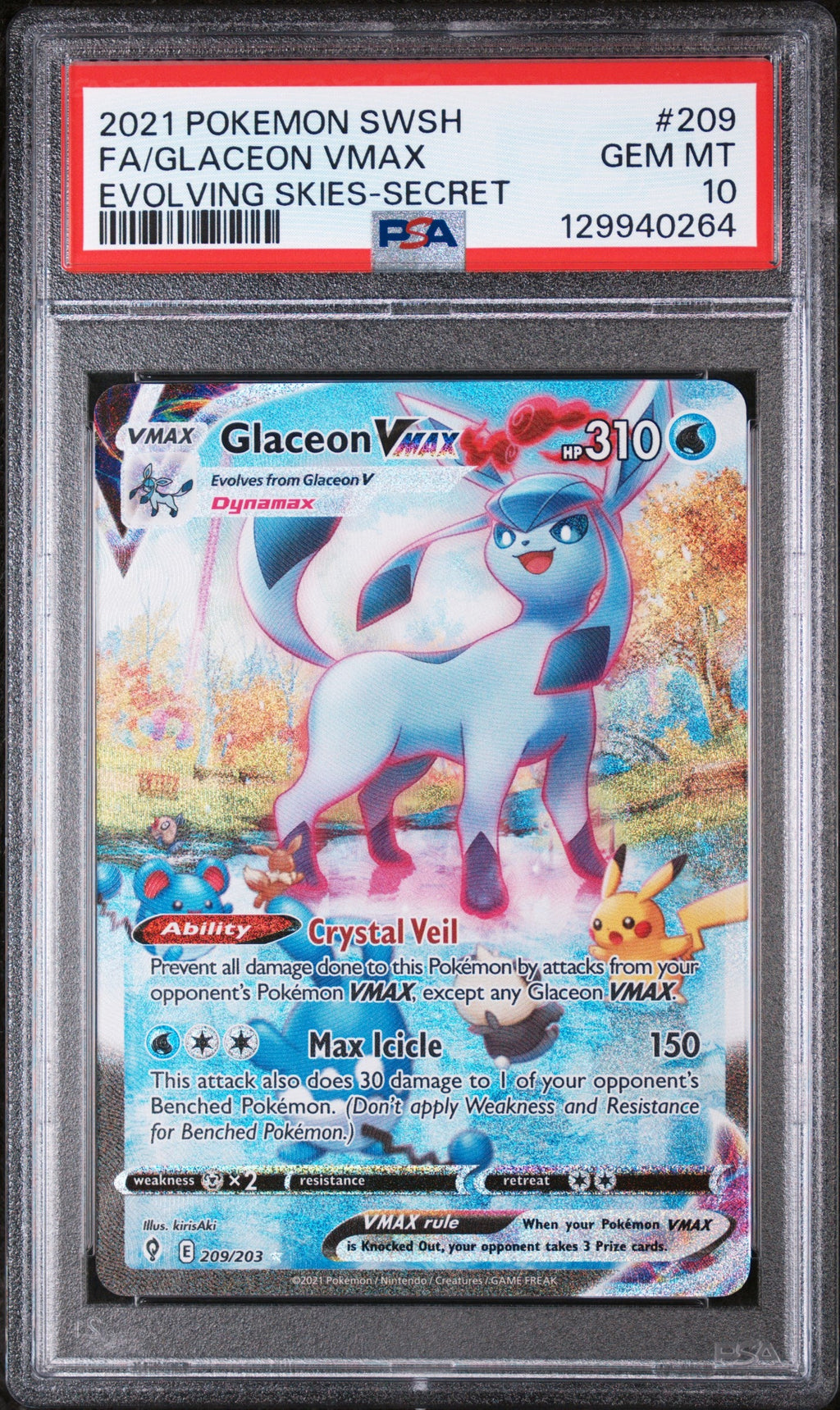 FA/GLACEON VMAX EVOLVING SKIES-SECRET 2021 POKEMON SWORD & SHIELD EVOLVING SKIES PSA GEM MT 10