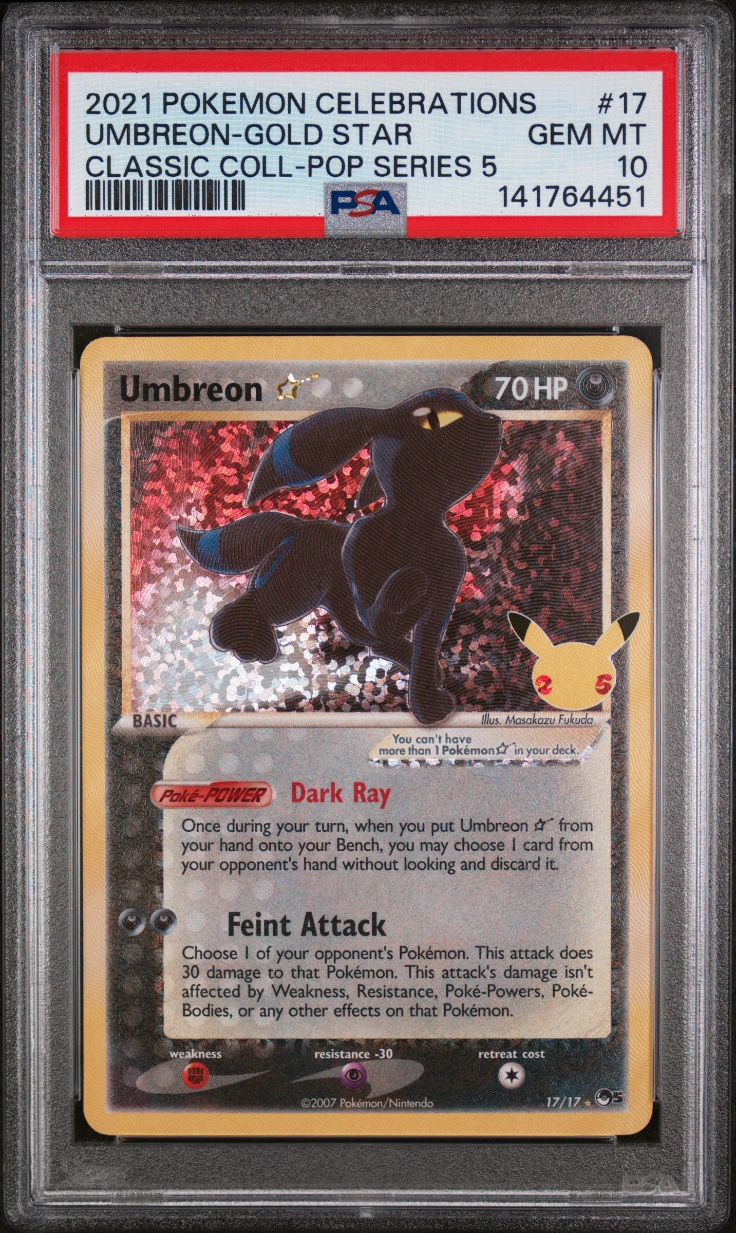 UMBREON-GOLD STAR CLASSIC COLL-POP SERIES 5 2021 POKEMON CELEBRATIONS CLASSIC COLLECTION PSA GEM MT 10