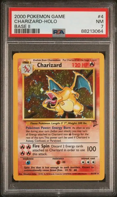 PSA 7 -2000 POKEMON GAME BASE II #4 CHARIZARD-HOLO BASE II WITH SWIRL