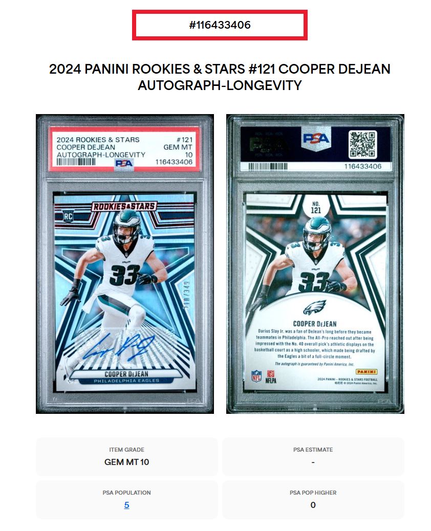 2024 Rookies And Stars-Cooper Dejean-Longevity Auto #'d 349 PSA 10