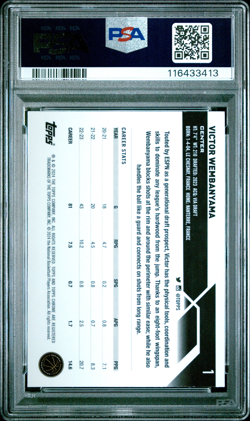 2023-24 Topps Chrome-Victor Wembanyama #1 Blue Refractor PSA 10