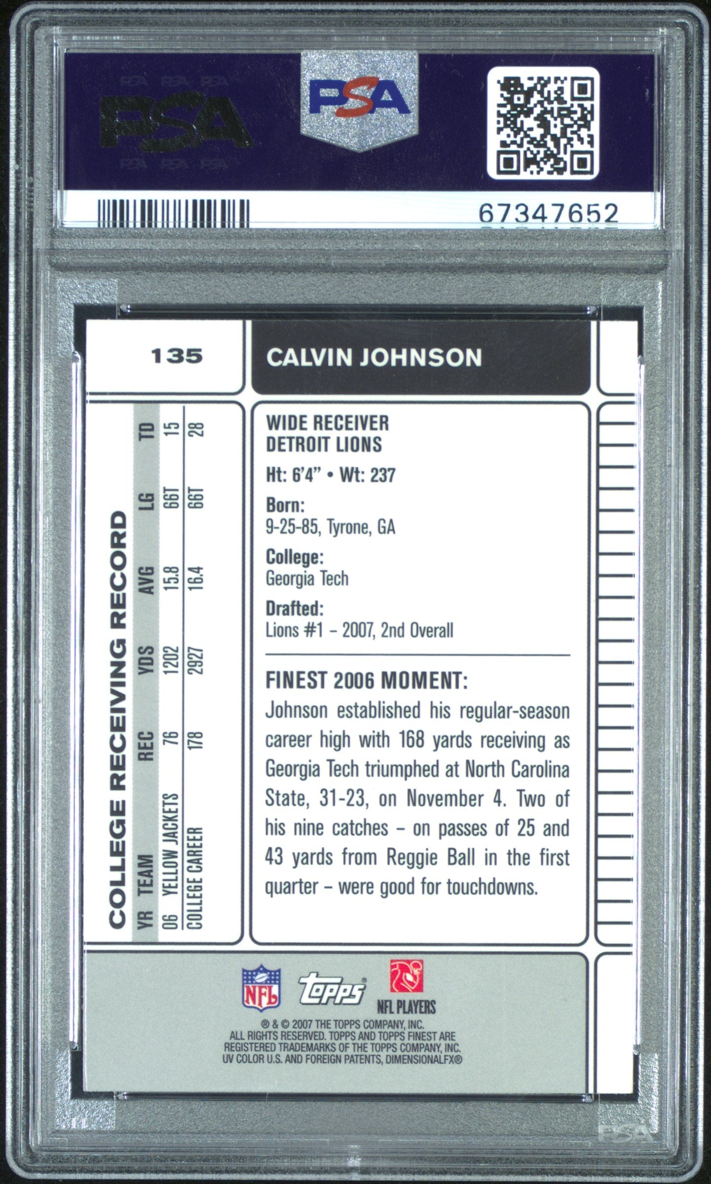 2007 Topps Finest-Calvin Johnson-Rookie # 135 PSA 10