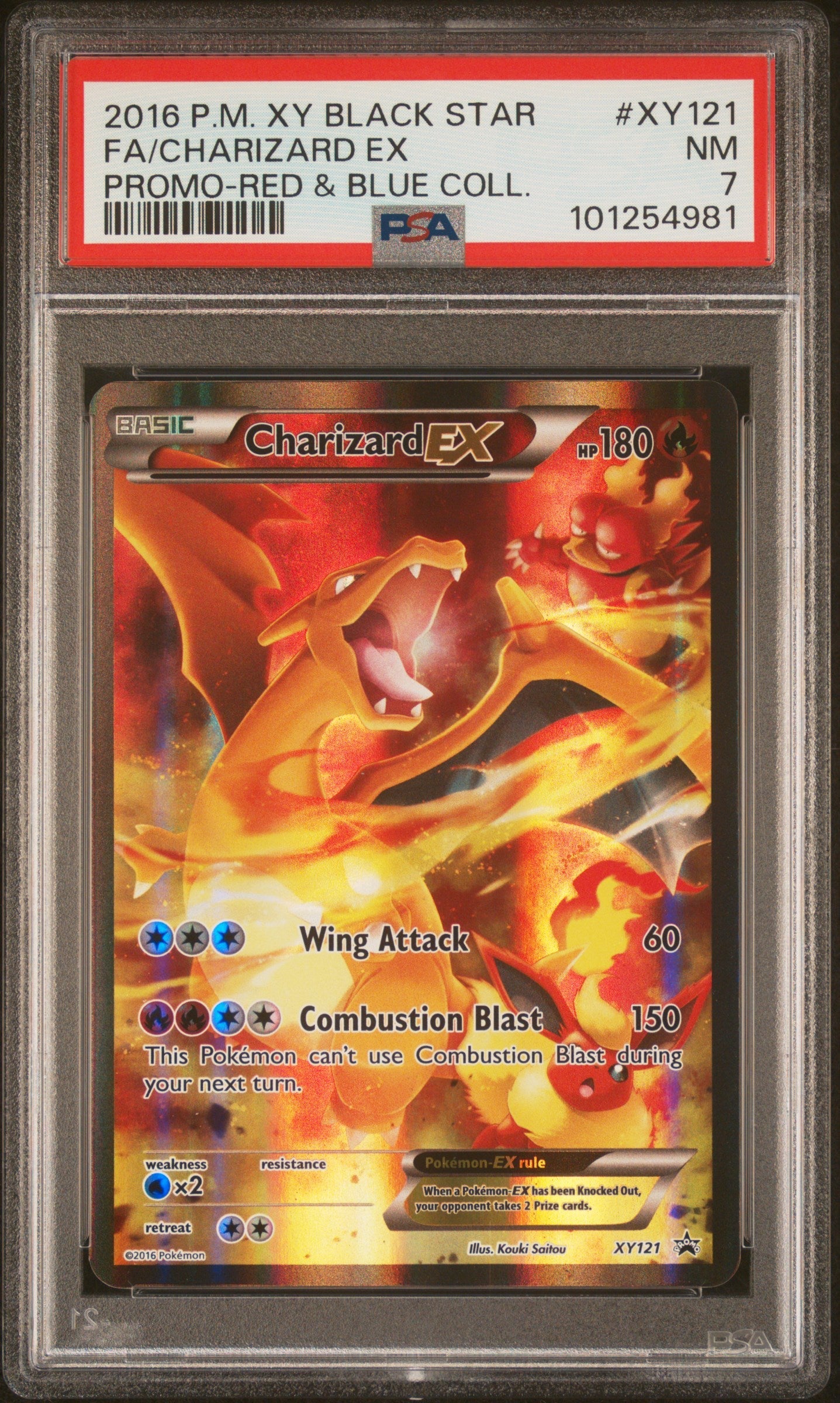 FA/CHARIZARD EX PROMO-RED & BLUE COLL. 2016 POKEMON XY BLACK STAR PROMO PSA NM 7