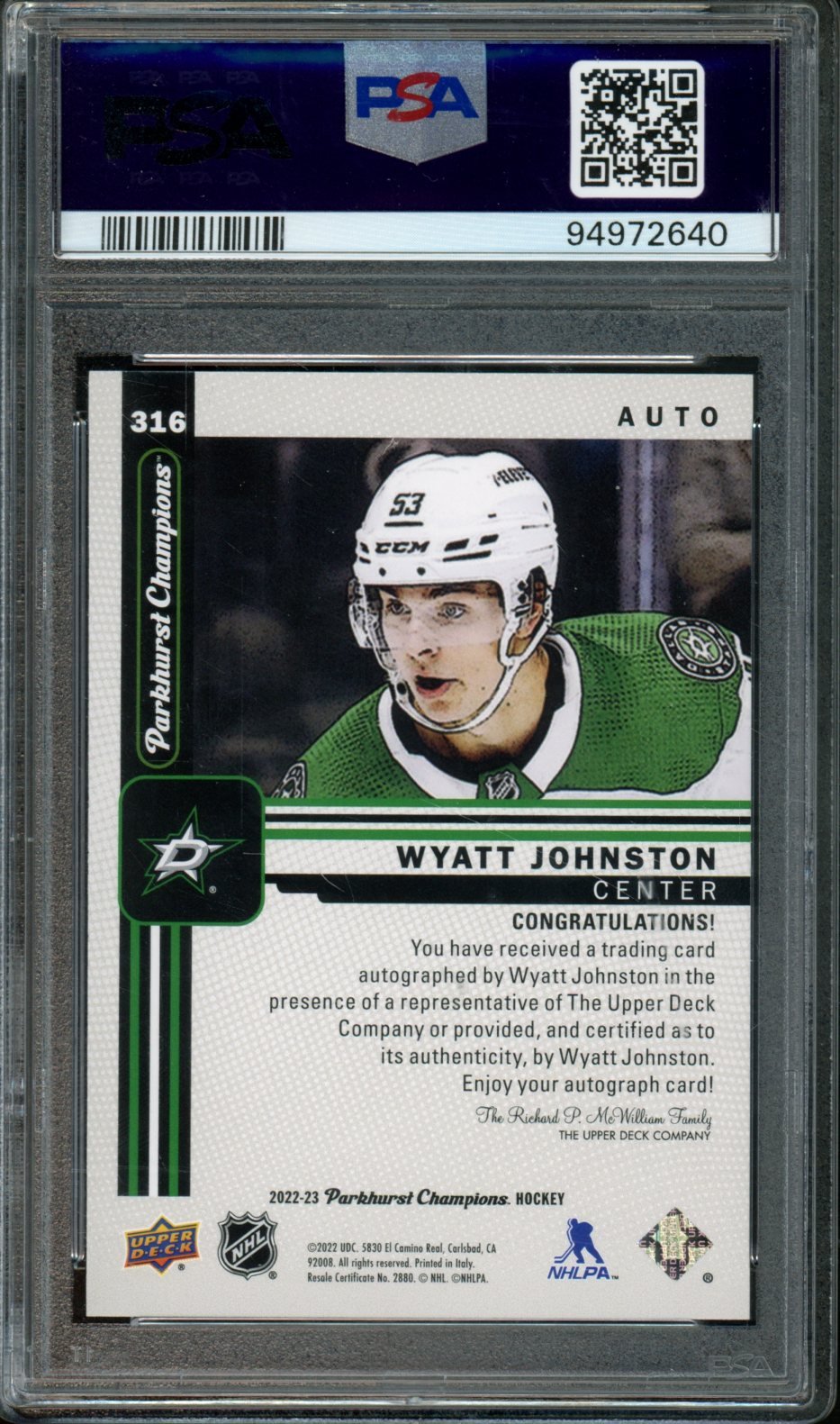 2022 Upper Deck Parkhurst Champions Wyatt Johnston Rookie Auto PSA 9 Stars