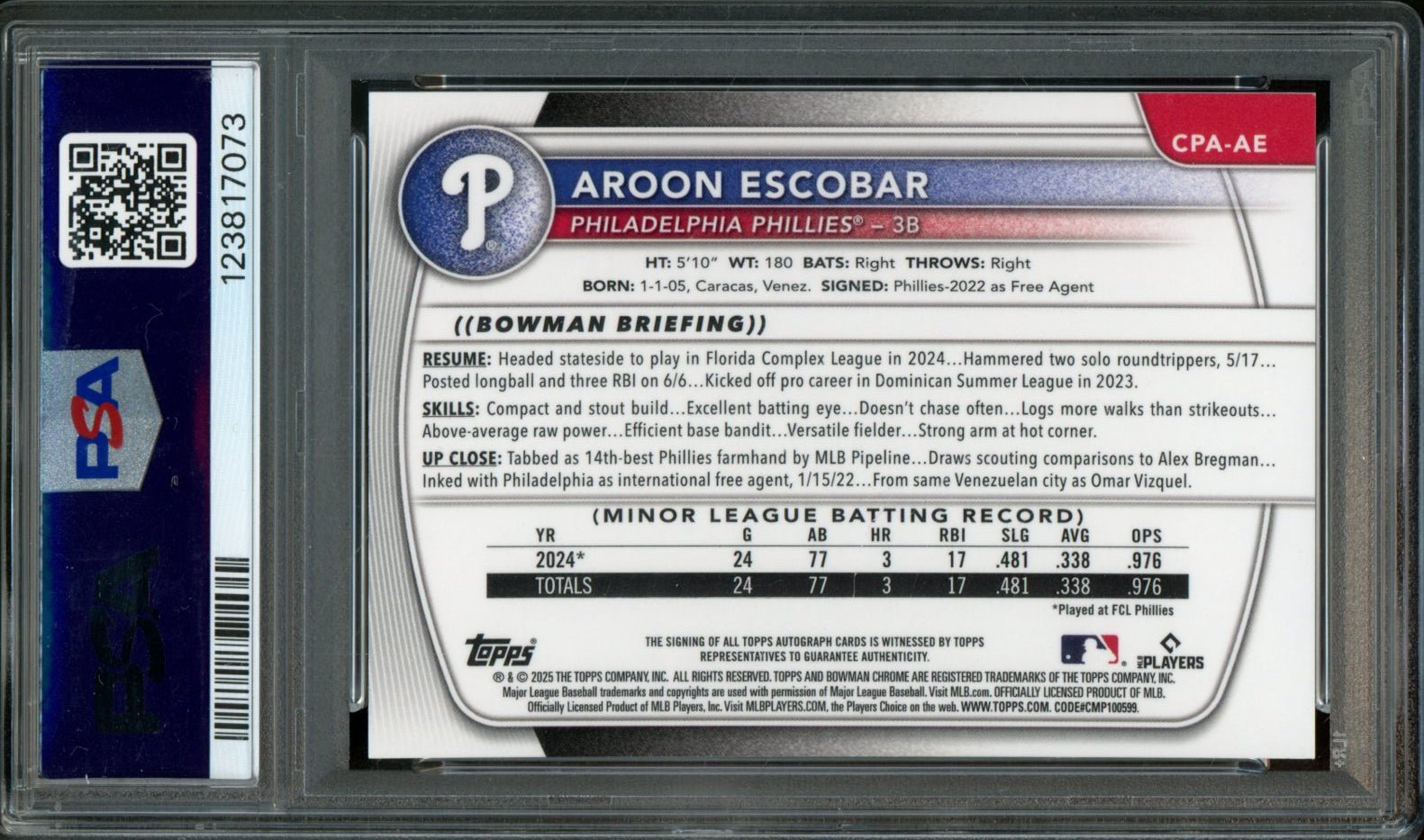 2025 Bowman Chrome Aroon Escobar 1st Auto Green Reptilian /99 PSA 9 Phillies