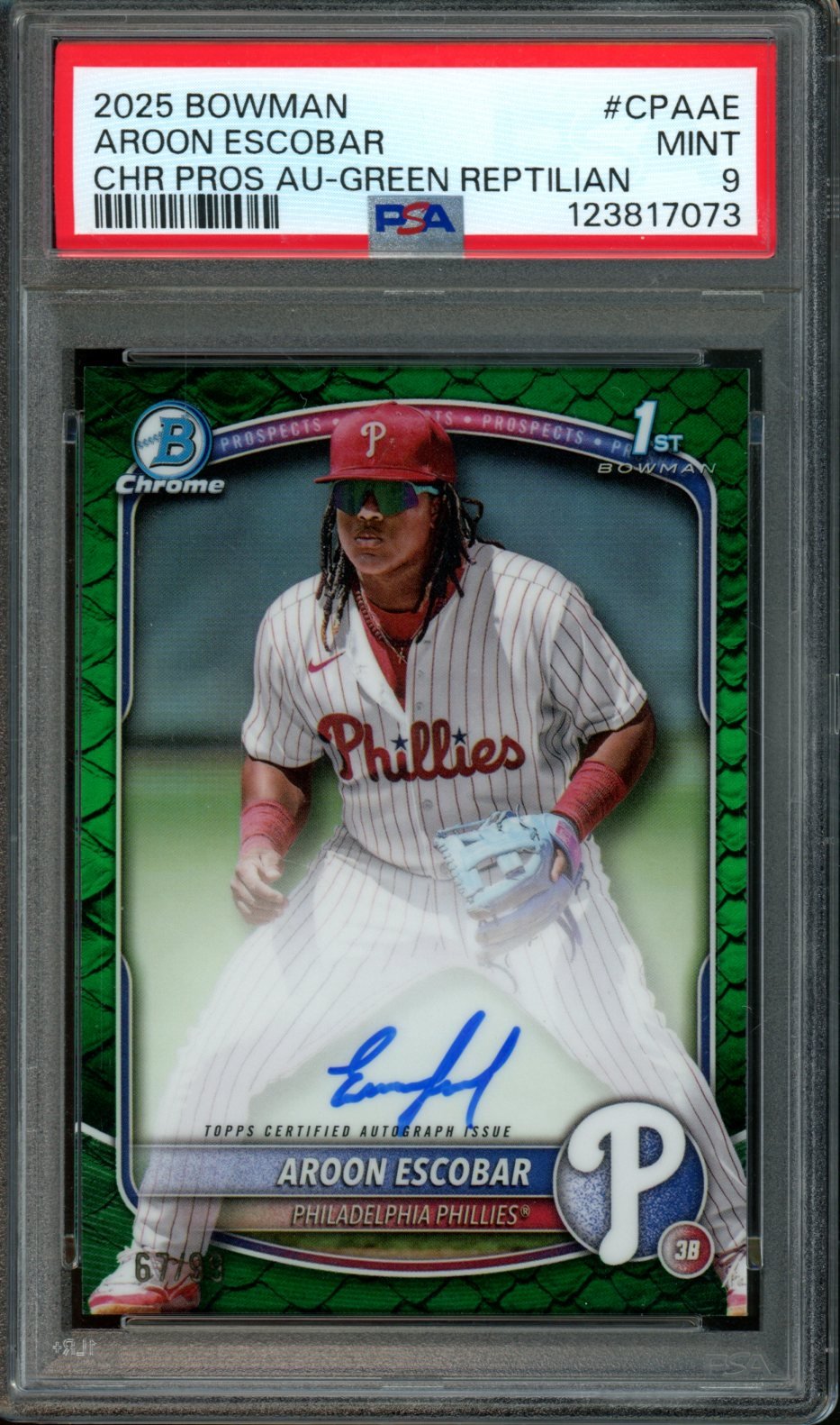 2025 Bowman Chrome Aroon Escobar 1st Auto Green Reptilian /99 PSA 9 Phillies