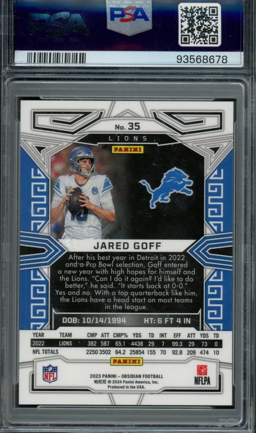 2023 Panini Obsidian Jared Goff Electric Etch Contra PSA 10 Lions