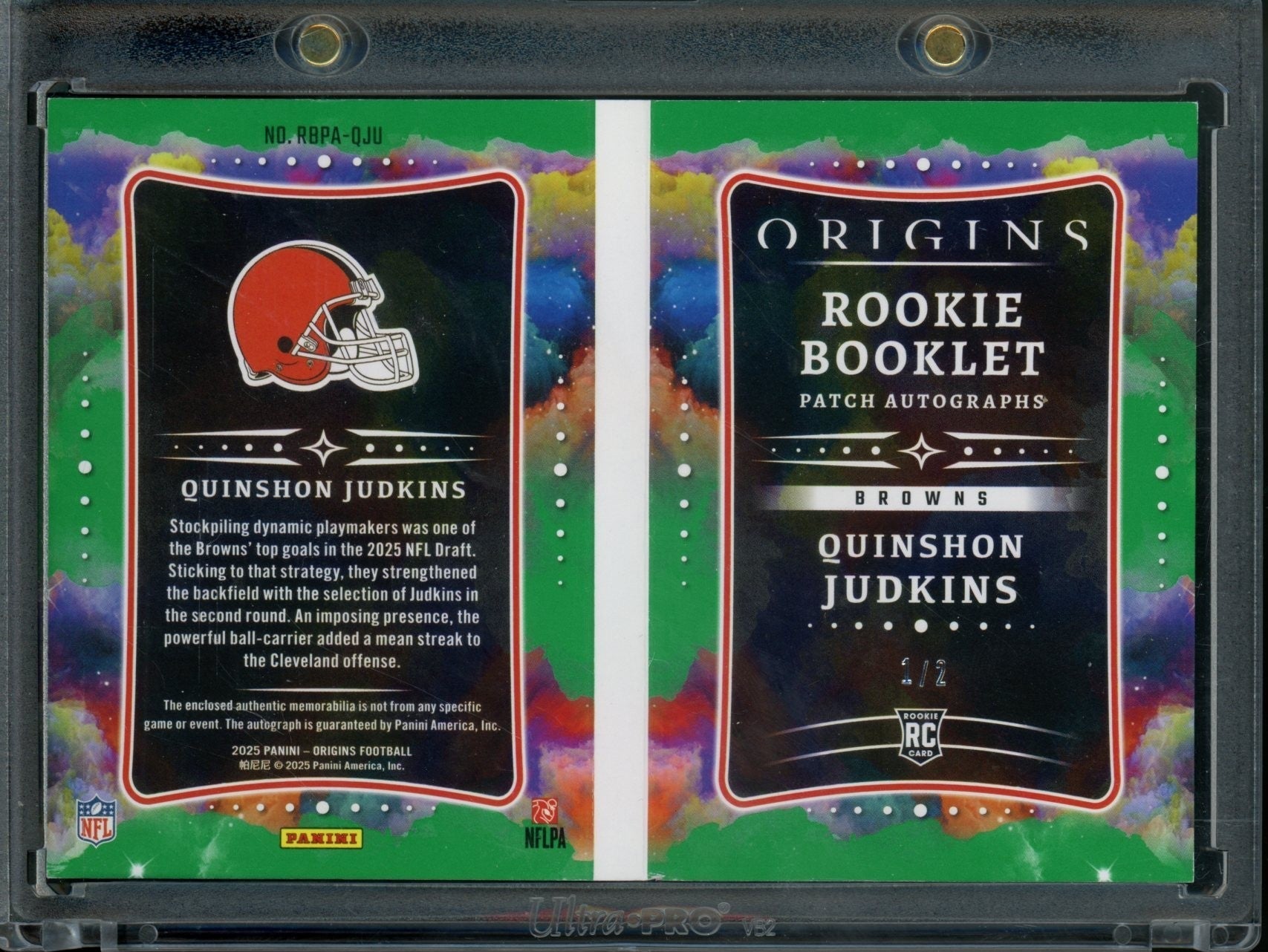 2025 Panini Origins Quinshon Judkins Booklet Rookie Glove Patch Auto /2 Browns