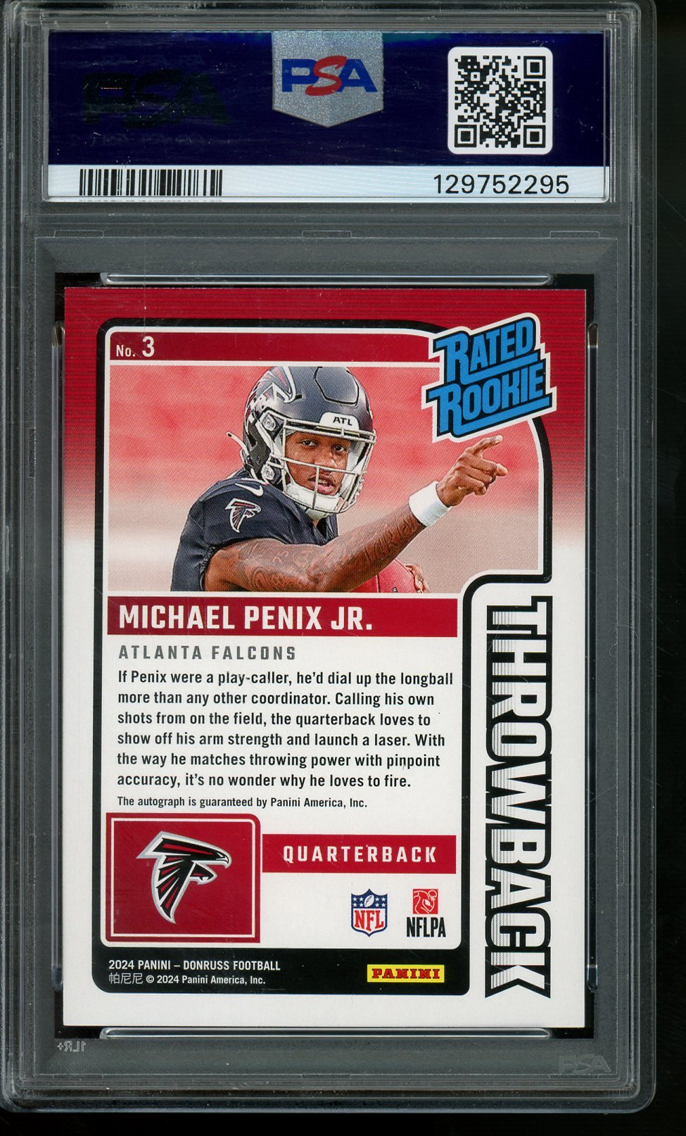 2024 Panini Donruss Michael Penix Jr Rated Rookie Throwback Autograph /49 PSA 9 Falcons