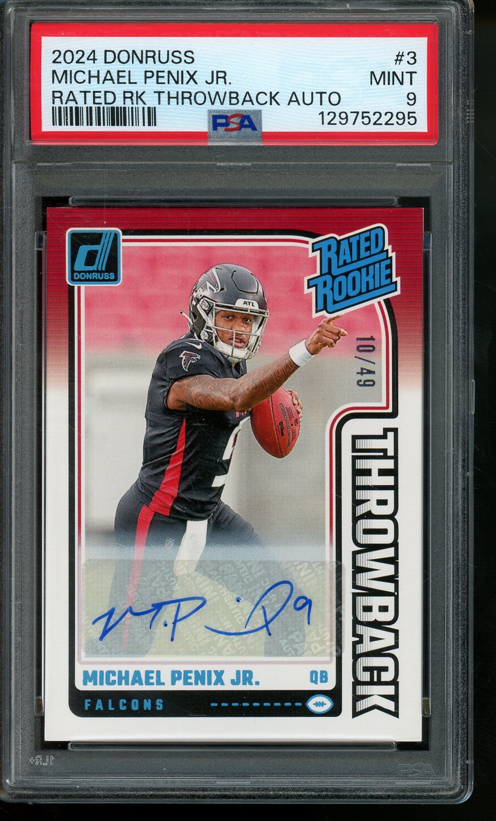 2024 Panini Donruss Michael Penix Jr Rated Rookie Throwback Autograph /49 PSA 9 Falcons