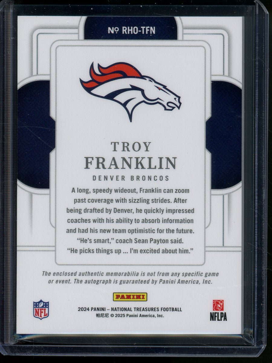 2024 Panini National Treasures Troy Franklin Rookie Hats Off Autograph Patch /5 Broncos
