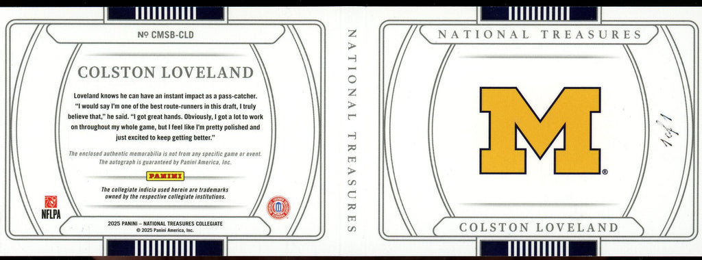 2025 Panini National Treasures Collegiate Colston Loveland 1/1 Rookie Booklet Autograph Patch
