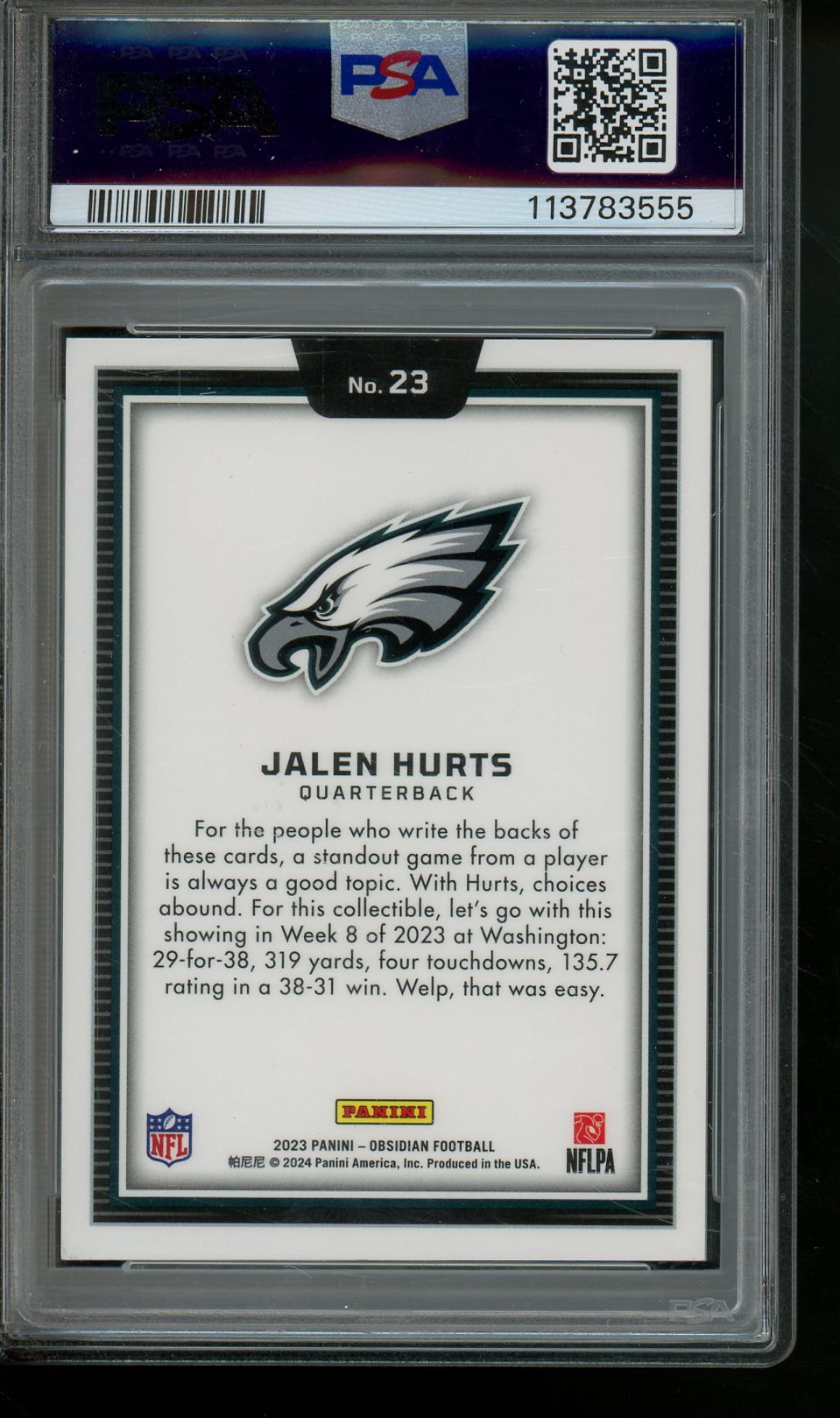 2023 Panini Obsidian Jalen Hurts Black Color Blast Case Hit PSA 10 Eagles