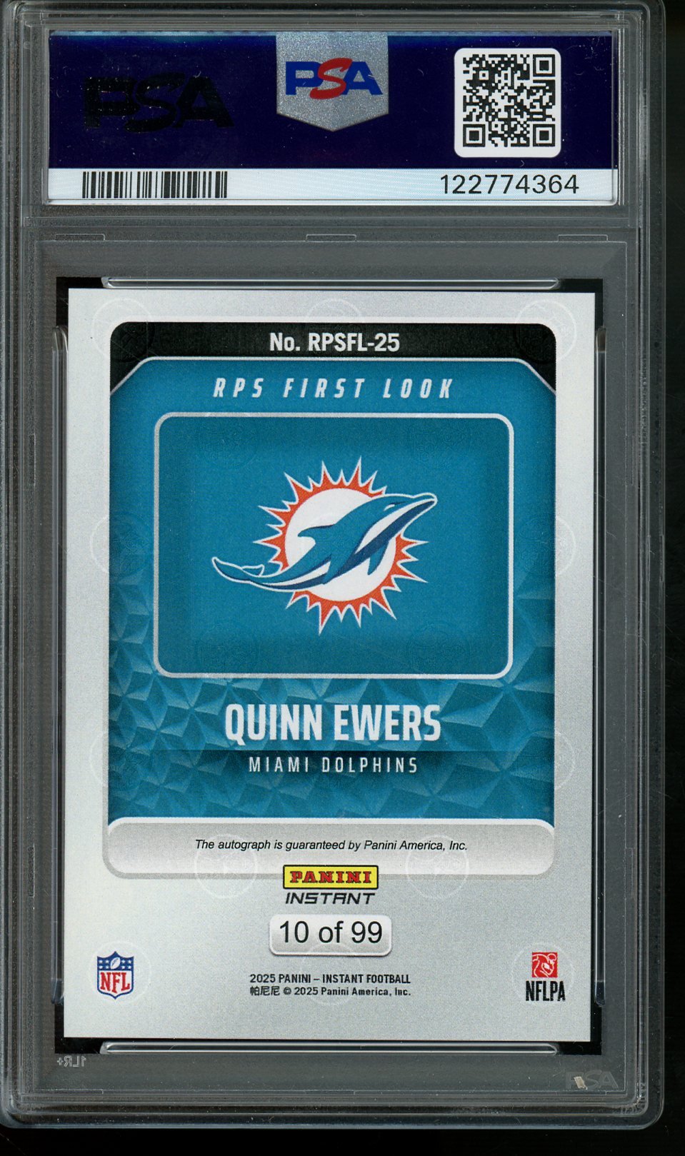 2025 Panini Instant Quinn Ewers Rookie First Look Autograph PSA 10 Dolphins