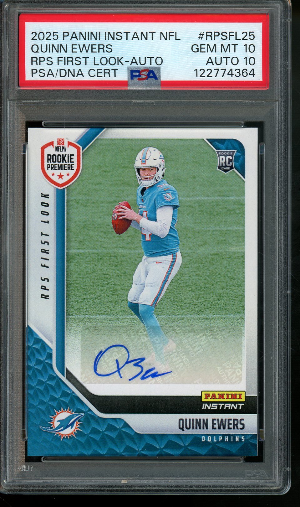 2025 Panini Instant Quinn Ewers Rookie First Look Autograph PSA 10 Dolphins