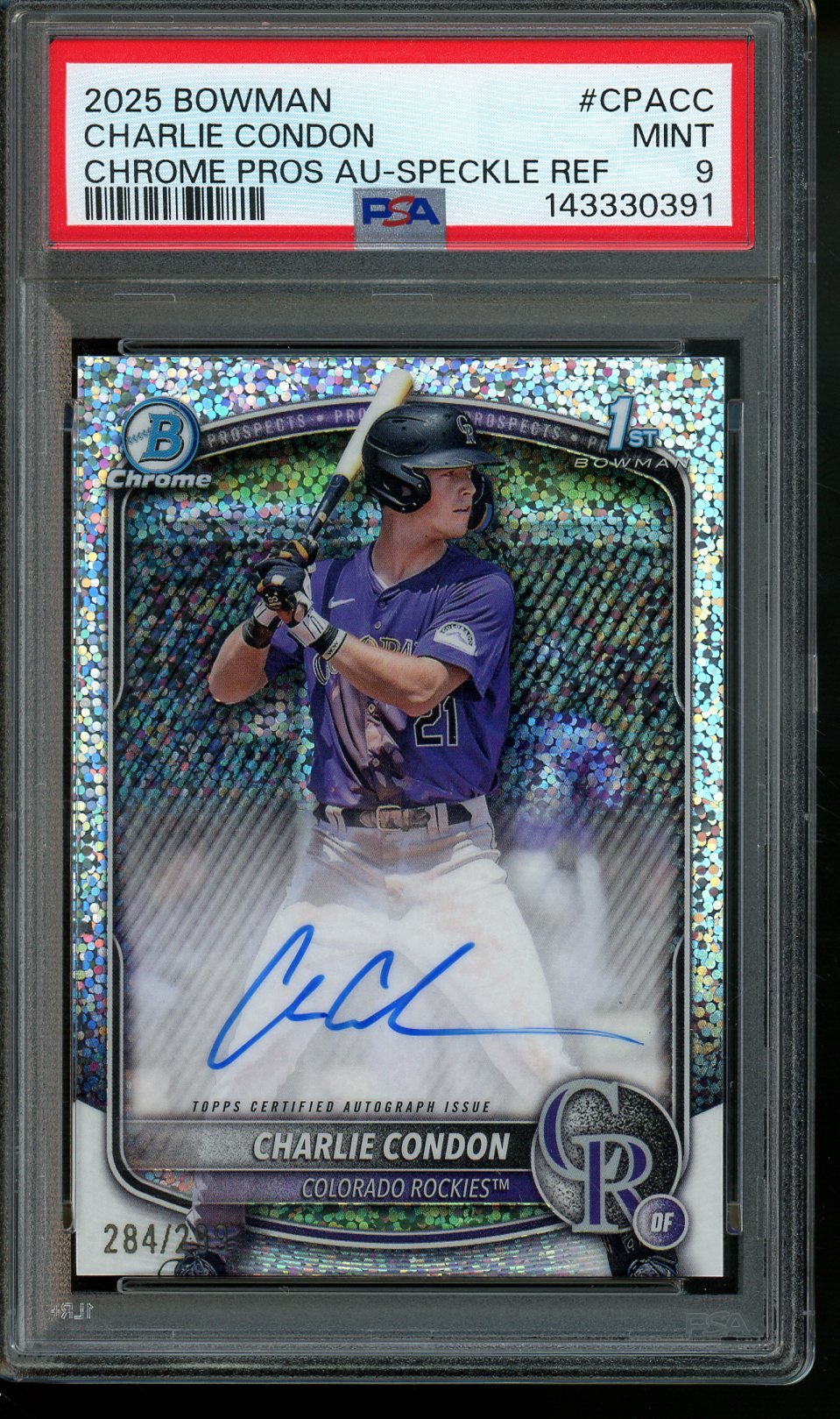 2025 Bowman Chrome Charlie Condon 1st Bowman Speckle Autograph /299 PSA 9 Rockies
